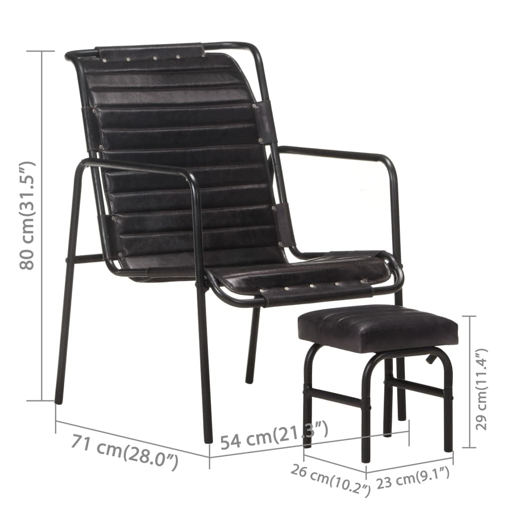 CHARMMA Vintage Leather Lounge Chair with Ottoman & Armrest - Anti-Slip Iron Legs, Backrest - Cozy Accent Chair for Living Room & Bedroom (Black) | Perfect for Reading Nooks, Home Offices & Relaxation Spaces