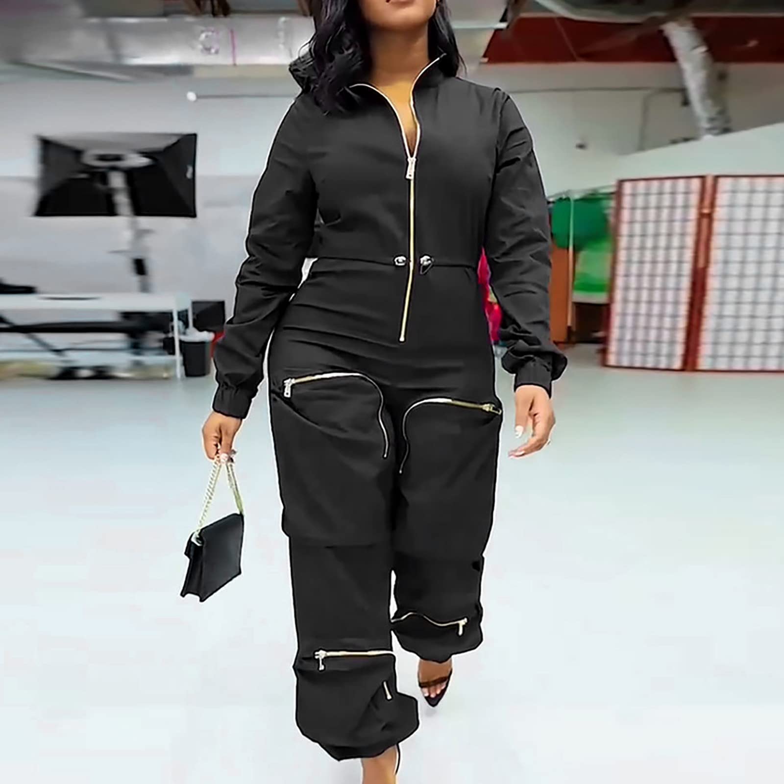 Women's Valor Jumpsuit with Cargo Pockets & Metal Zipper - Stylish Leggings for Workout, Yoga, and Casual Wear | Breathable Deep Neckline Jumpsuit for Women