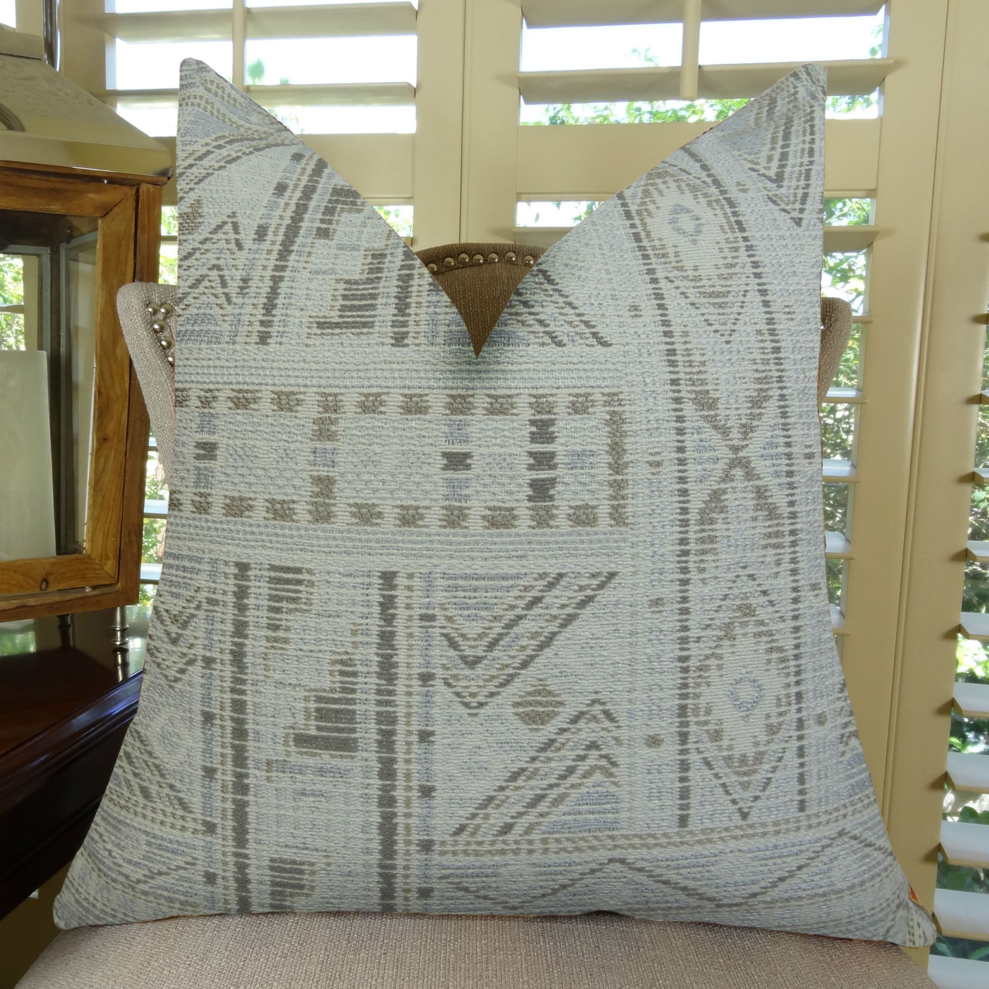 Handmade Aztec Throw Pillow - Gray Taupe Ivory Tribal Bohemian Cushion with Indigo Textured Design - USA Made Decorative Pillow for Sofa, Bed & Living Room - Perfect for Boho Home Decor & Cozy Interior Styling