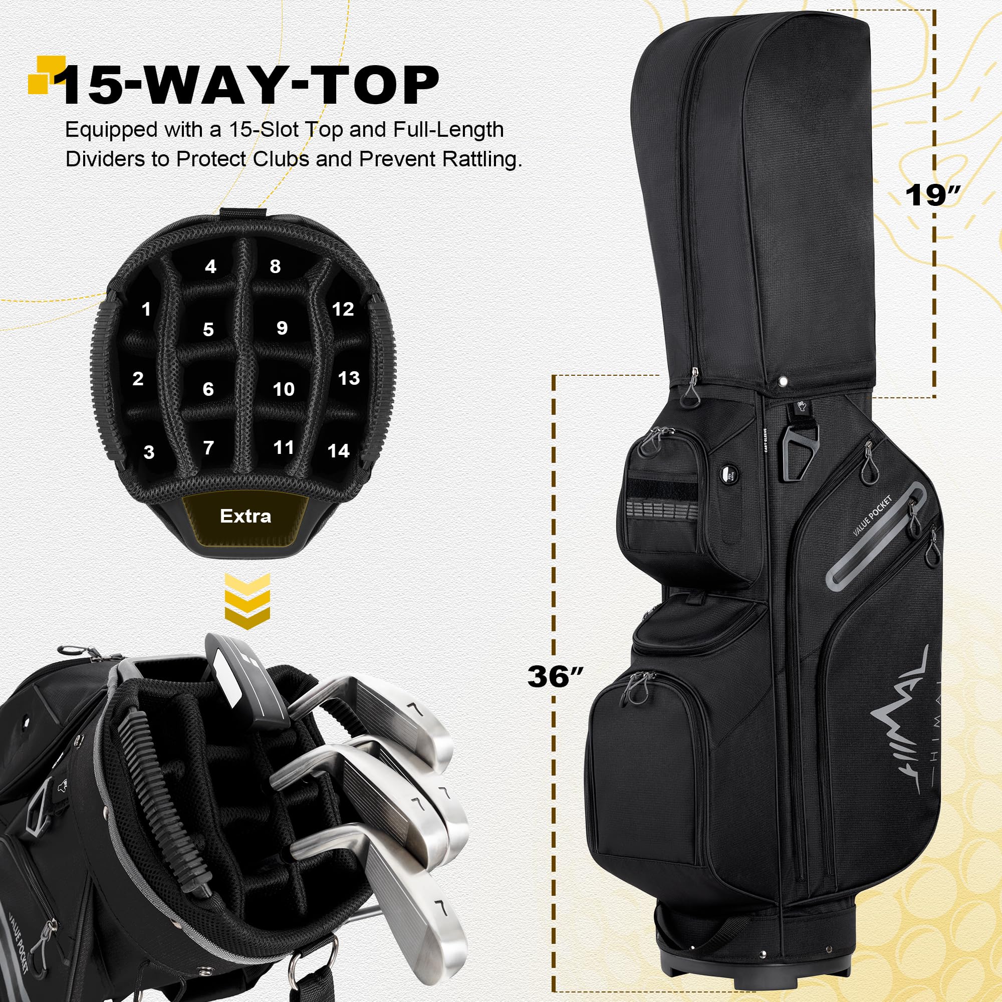 Premium 15-Way Golf Cart Bag with Padded Handles & Waterproof Rain Cover - Durable & Lightweight for Golfers - Perfect for Tournaments, Driving Range & Club Storage