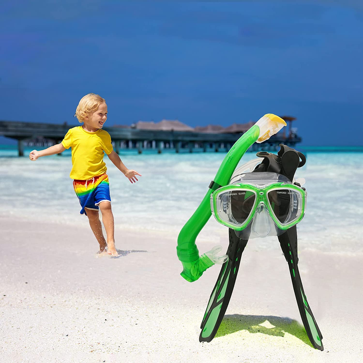 **Kids Snorkel Set - Adjustable Diving Mask, Snorkel & Swim Fins with Anti-Fog & Anti-Leak Design, Includes Mesh Bag - Perfect for Snorkeling, Swimming & Beach Adventures**