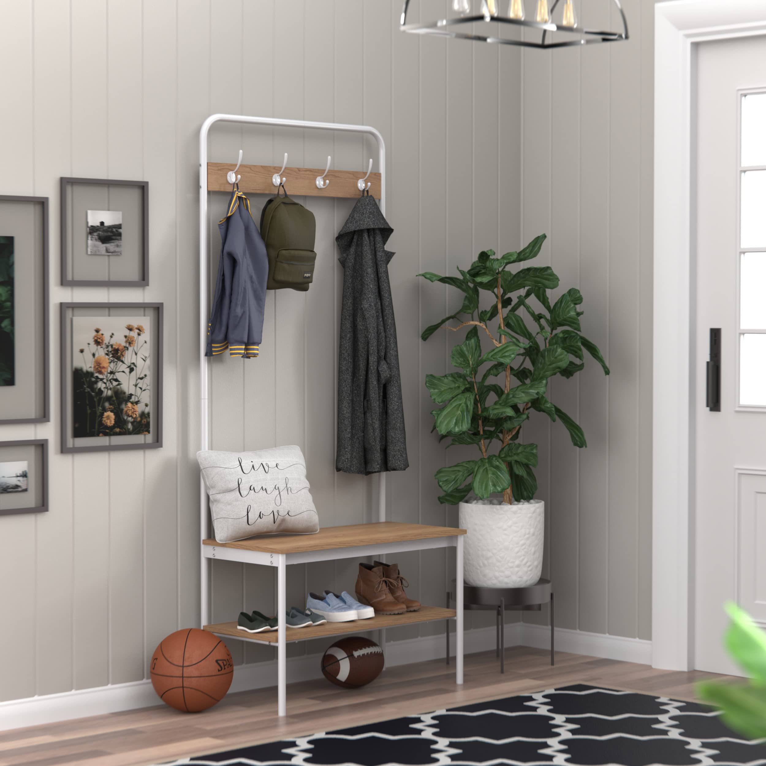 ClosetMaid Hall Tree with Shoe Bench - 4 Hooks & Storage Shelf - Coat Rack for Entryway - Wheat & White Metal - Perfect for Mudroom, Foyer & Home Organization