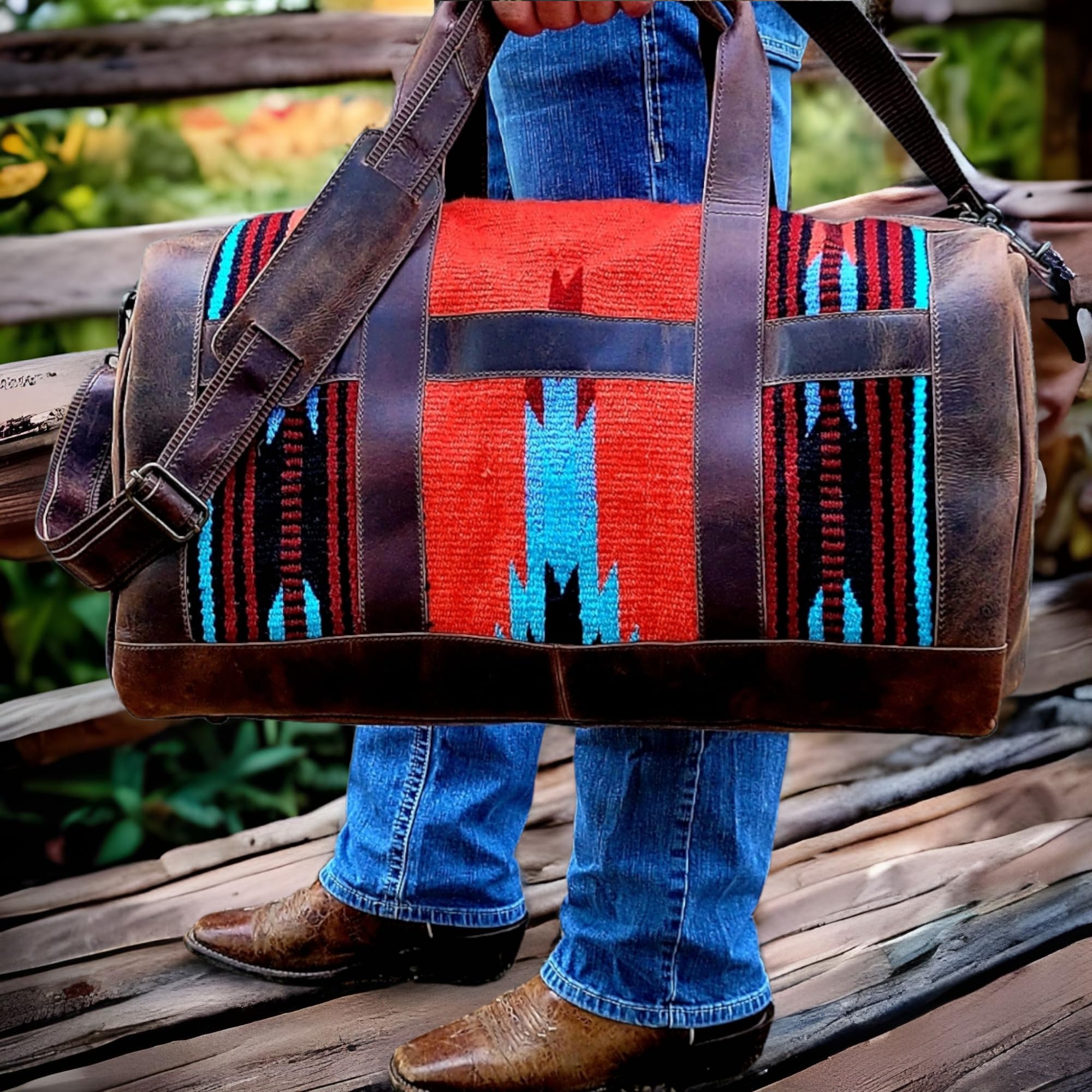Handcrafted Vintage Brown Southwestern Leather Weekender Duffle Bag - Aztec Design, Antique Style - Perfect for Travel, Gym & Weekend Getaways (Sedona)