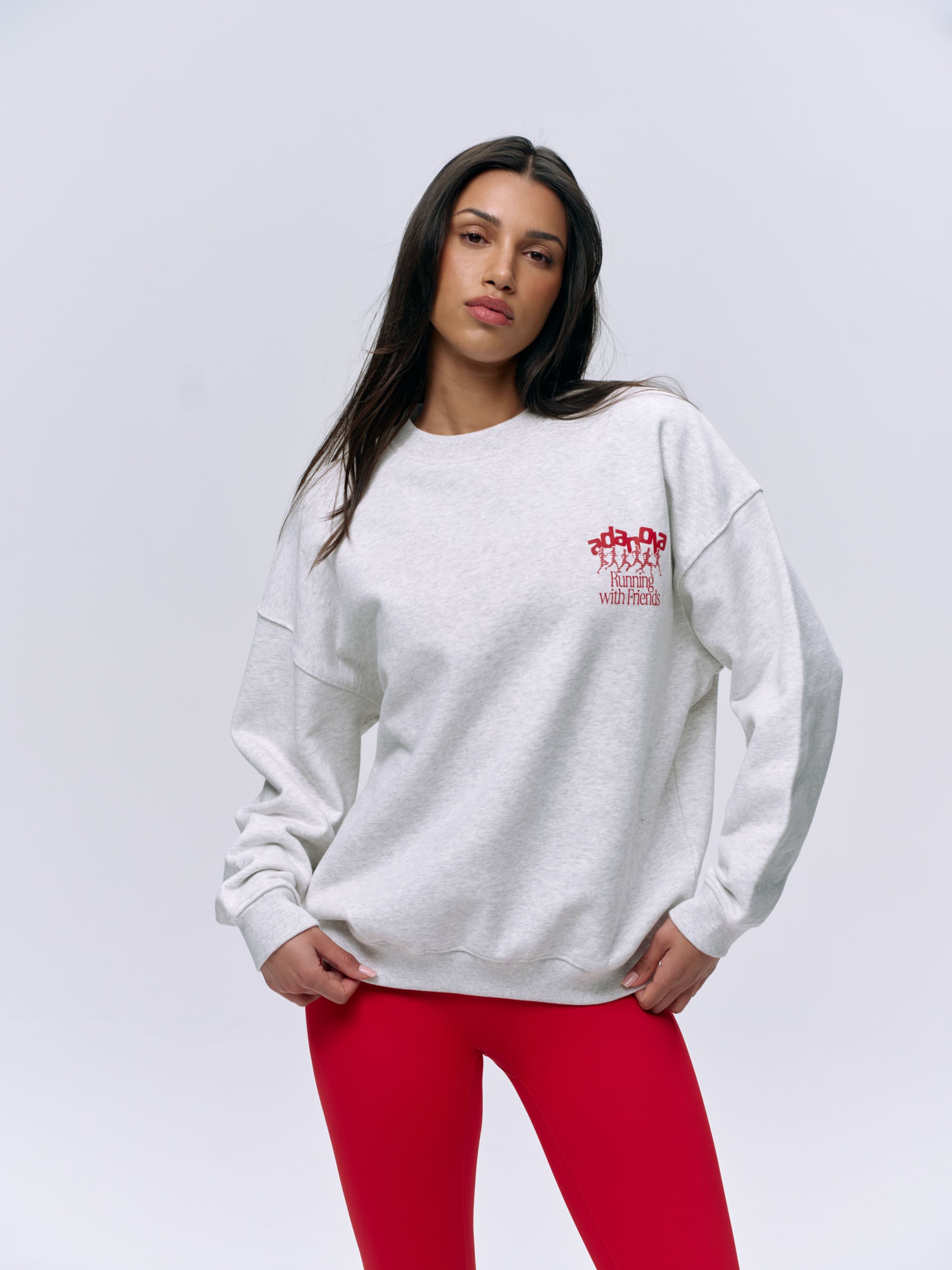 Oversized Runners Sweatshirt - Light Grey Melange & Classic Red | Comfortable Athletic Wear for Running, Gym, and Casual Outfits