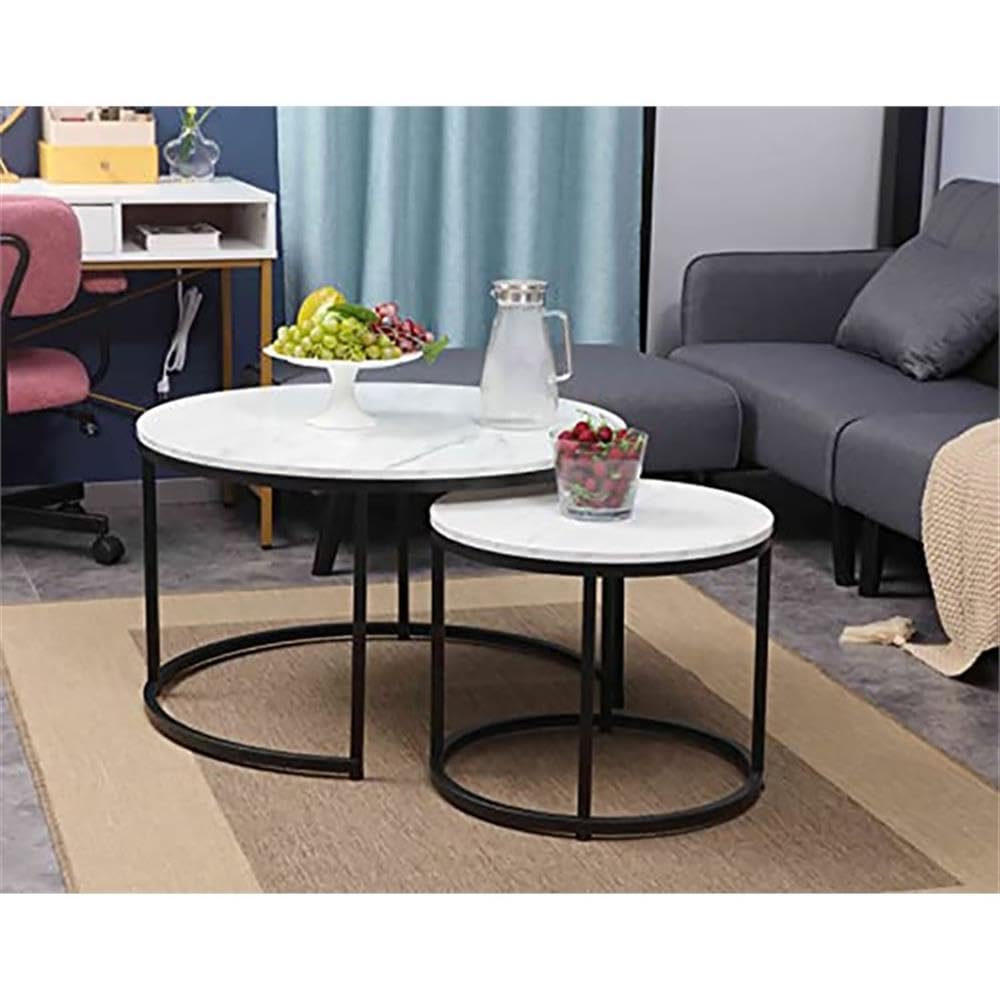 Modern Round Nesting Coffee Table Set of 2 - Metal Frame with Marble Top, Black Living Room Accent Tables for Small Spaces - Perfect as Stacking Sofa Side Tables or Cocktail Tables for Apartments and Condos