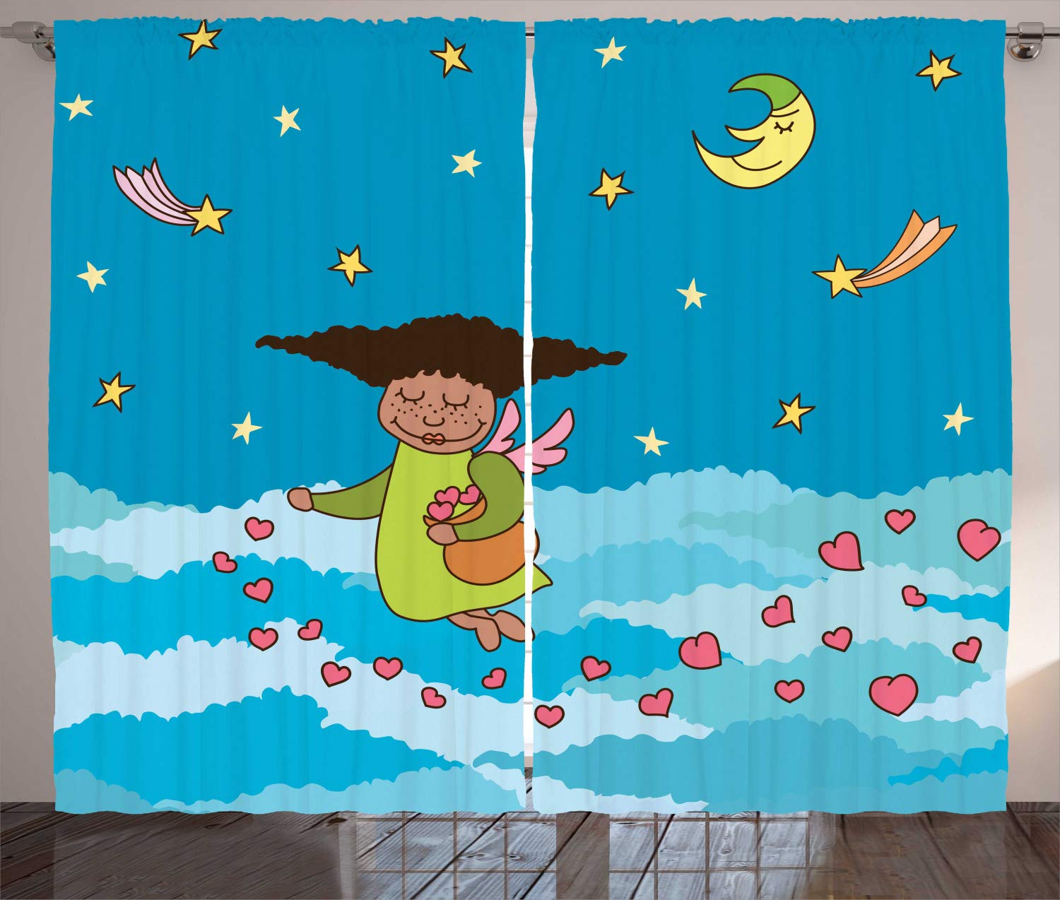 Ambesonne Angel Wings Curtains - Cartoon Angel with Hearts, Moon & Shooting Stars Design - 2 Panel Window Drapes for Living Room & Bedroom - 108