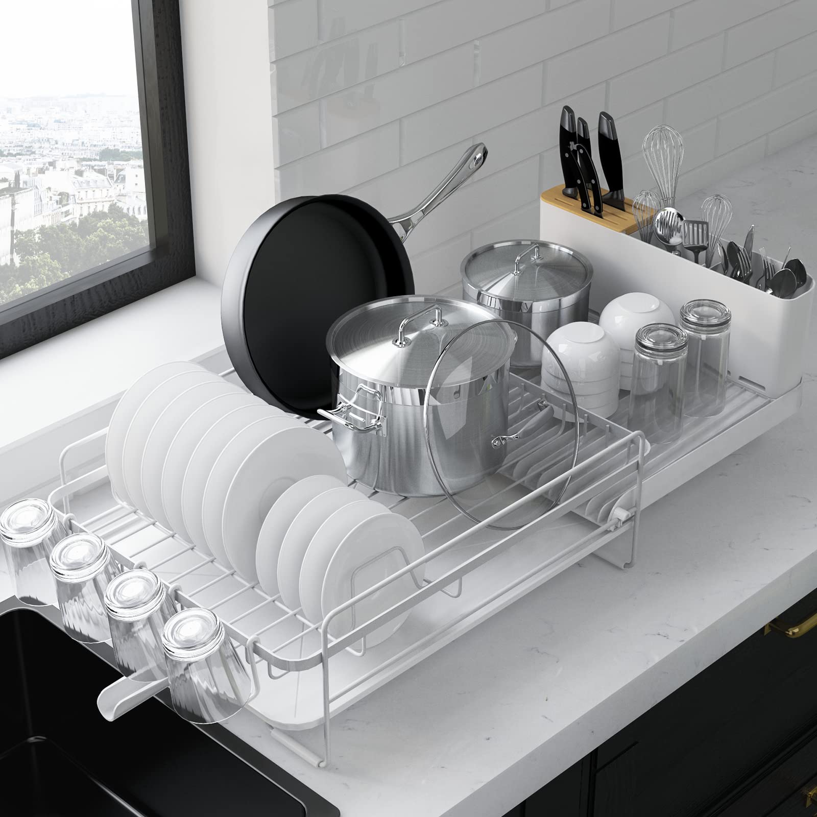 Kitsure Expandable Dish Drying Rack - Large Stainless Steel Kitchen Counter Organizer with Utensil & Cup Holders, Rust-Proof Space Saving Solution for Small Kitchens | Perfect for Drying Dishes, Cups & Cutlery After Washing