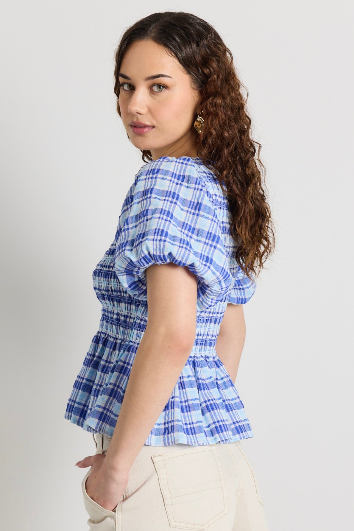 Beholden Blue Check Print Shirred Short Sleeve Blouse - Women's Casual Summer Tops for Beach, Vacation & Everyday Wear