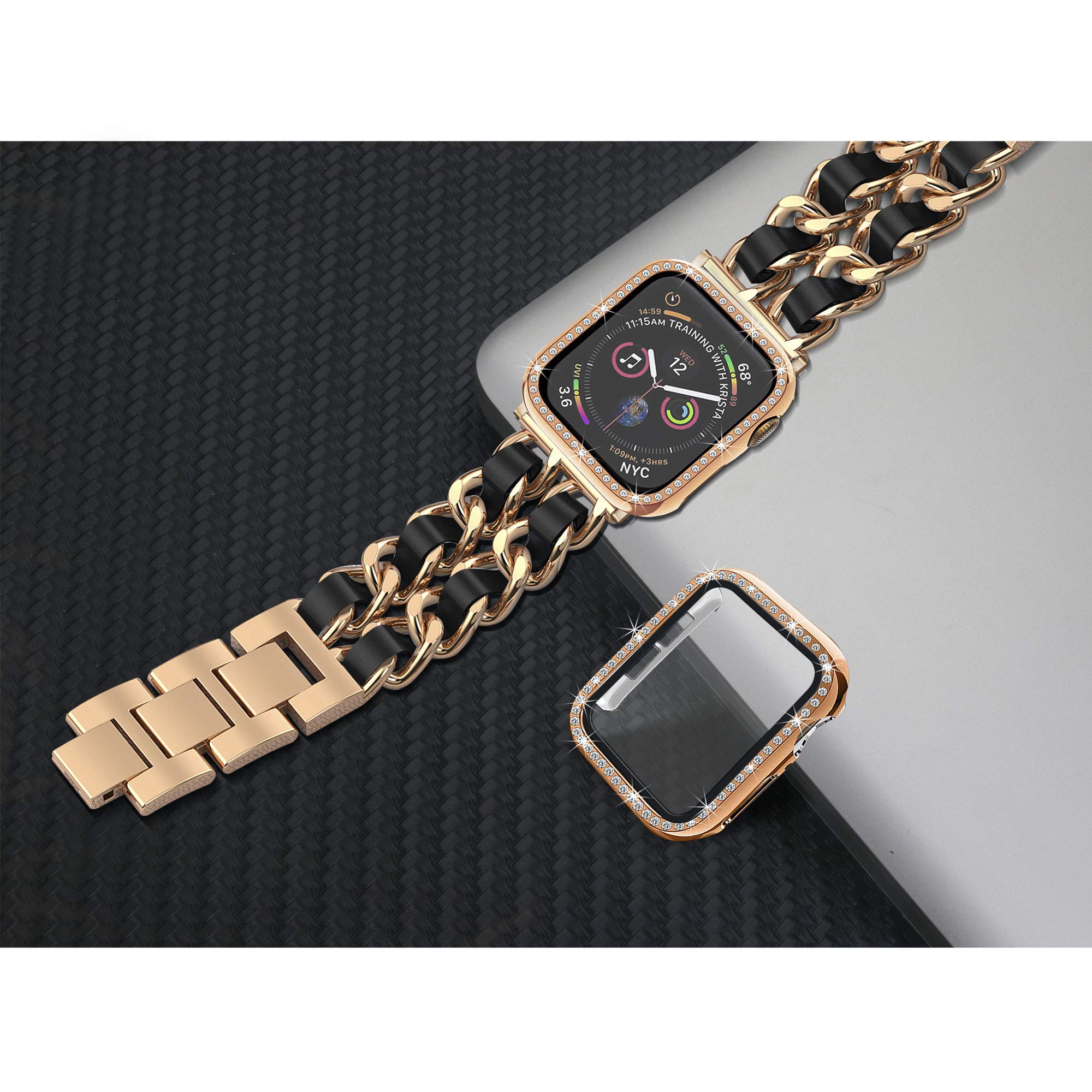 Compatible Apple Watch Band 44mm with Screen Protector & Jewelry Bracelet - Metal Band with 2P Bling Cover for iWatch Series SE/6/5/4 (Rose Gold Link & Black Leather) - Perfect for Women's Fashion, Work & Special Occasions