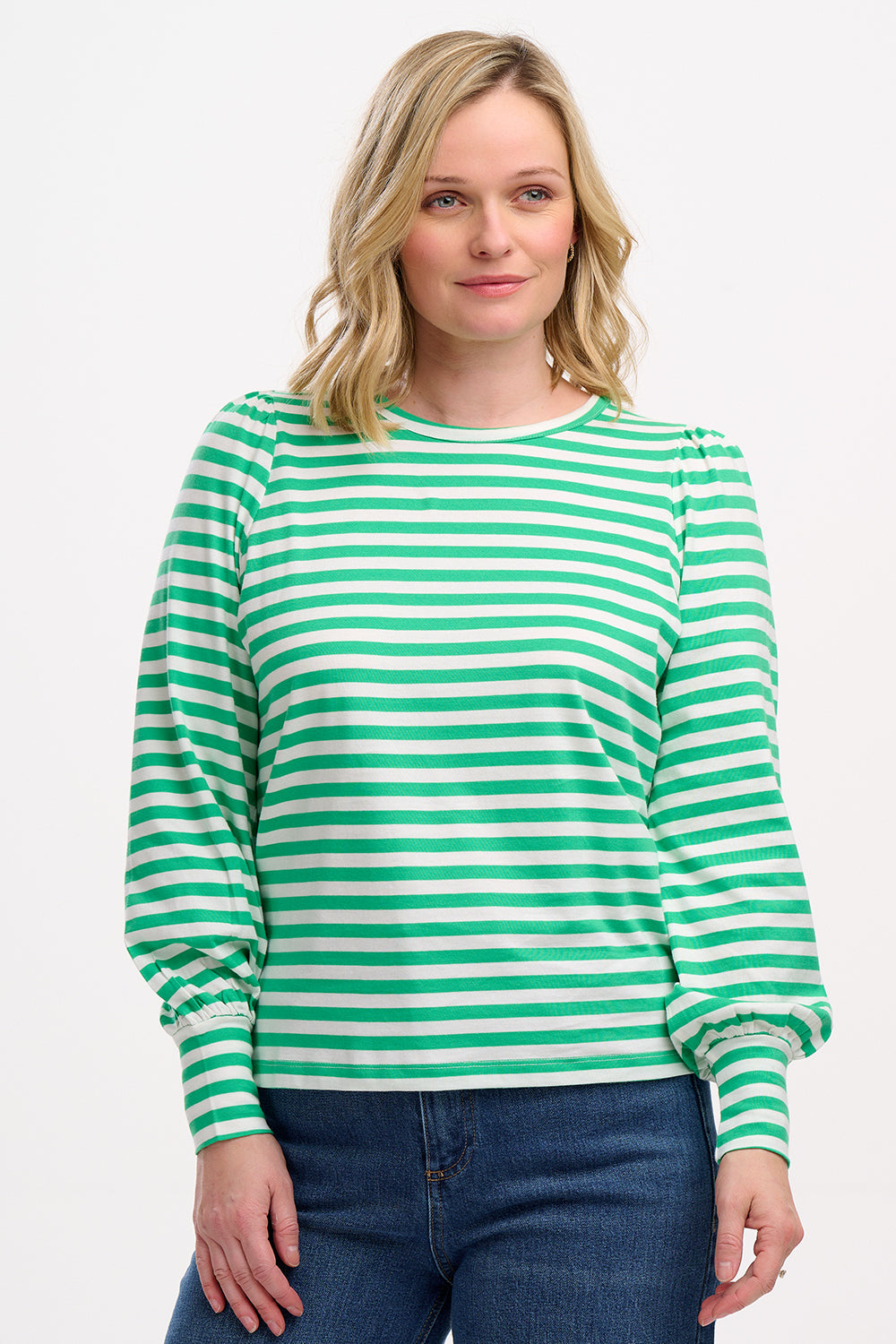 Griselda Women's Striped Jersey Top - Green & Off White Casual T-Shirt for Everyday Wear & Layering