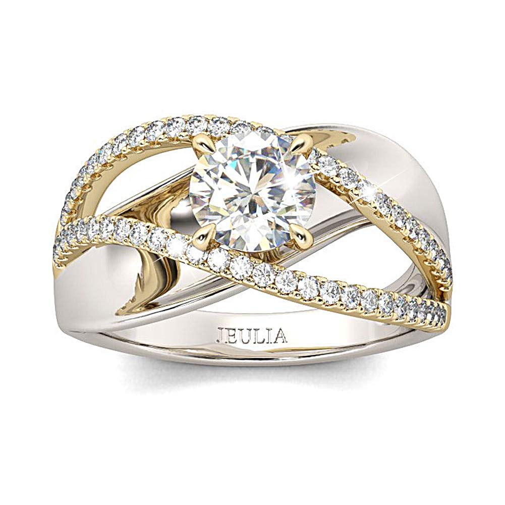 Jeulia Women's Engagement Rings - Sterling Silver & Two-Tone Gold Bridal Set with Crossover Round Cubic Zirconia Ring for Anniversary, Promise, or Proposal - Perfect Gift with Jewelry Box for Weddings, Valentine's Day & Special Occasions