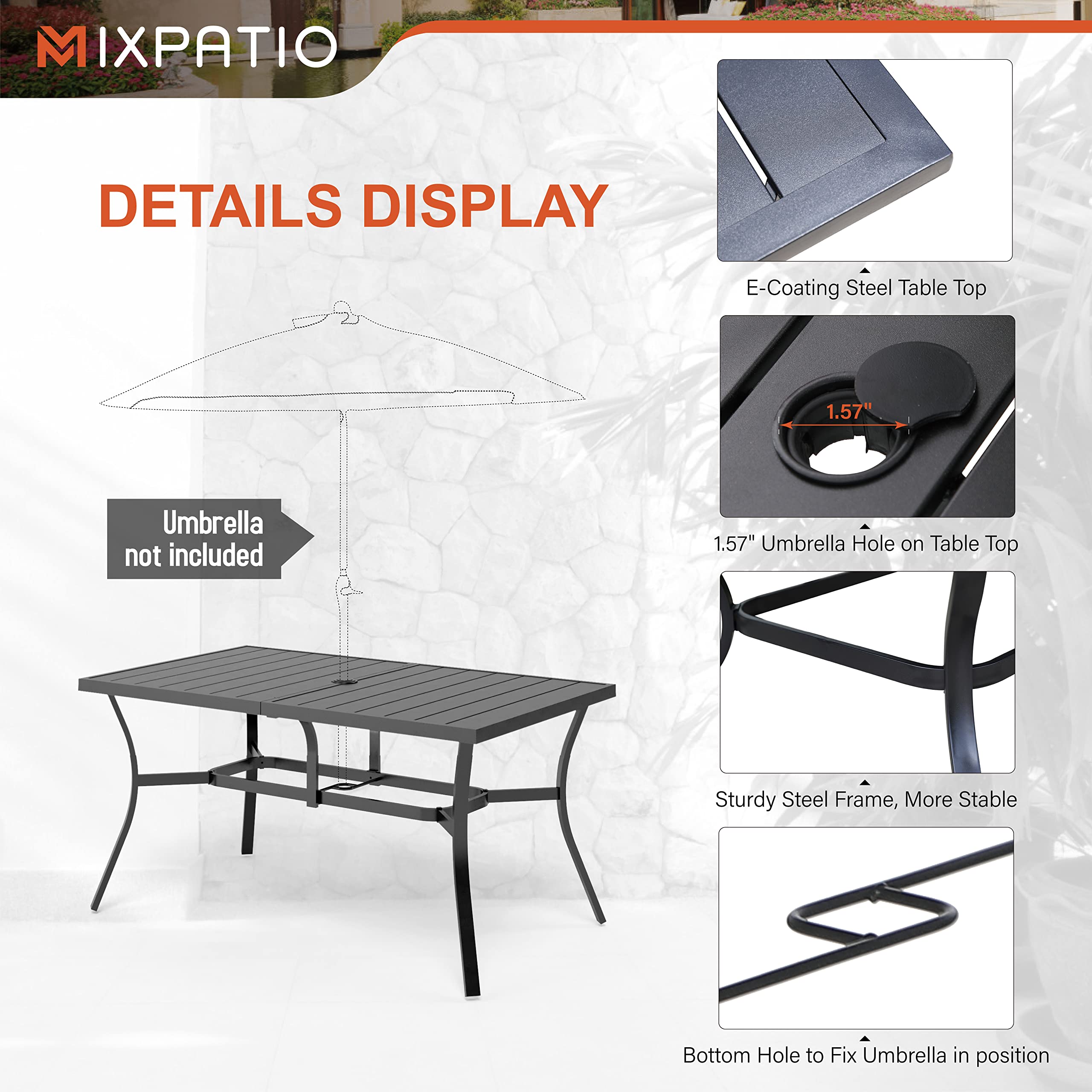6-Person Outdoor Patio Dining Table - Metal Steel Slat Rectangle Table with Umbrella Hole for Garden, Backyard, Porch & Poolside | Durable Weather-Resistant Design for Al Fresco Meals & Entertaining