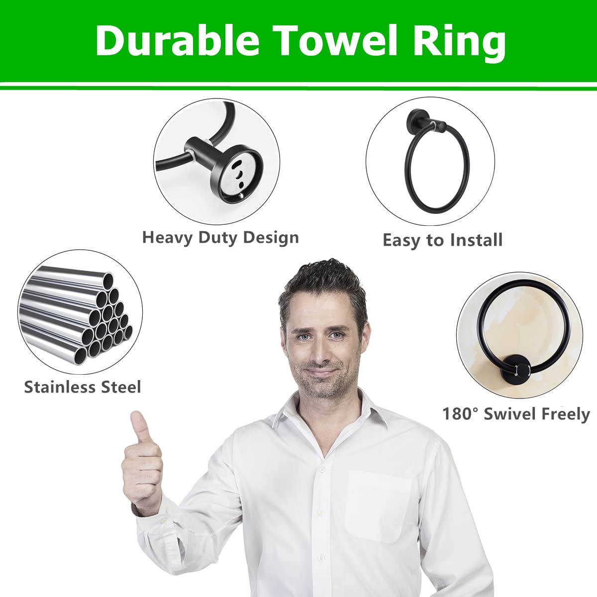 Stainless Steel Towel Ring Holder - Polished 304 Rustproof Wall Mounted Bathroom & Kitchen Accessory - Black Round Towel Hanger for Hand/Tea Towels - Perfect for Modern Homes, Hotels & Spa Decor