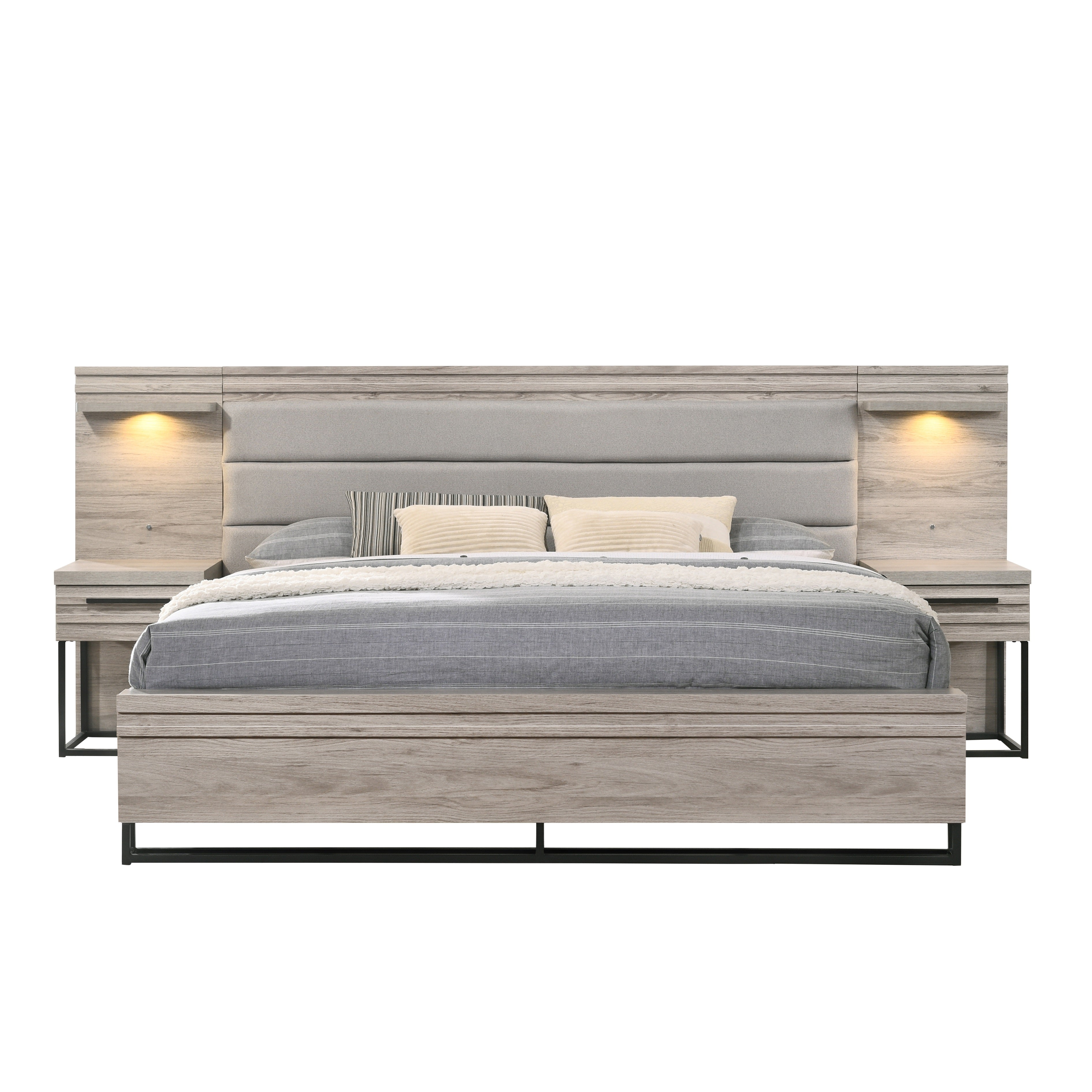 Alvear Upholstered Wood Wallbed with White LED Lights & 2 Nightstands - Modern Space-Saving Murphy Bed in Weathered Gray Finish | Perfect for Small Apartments, Guest Rooms & Studio Living