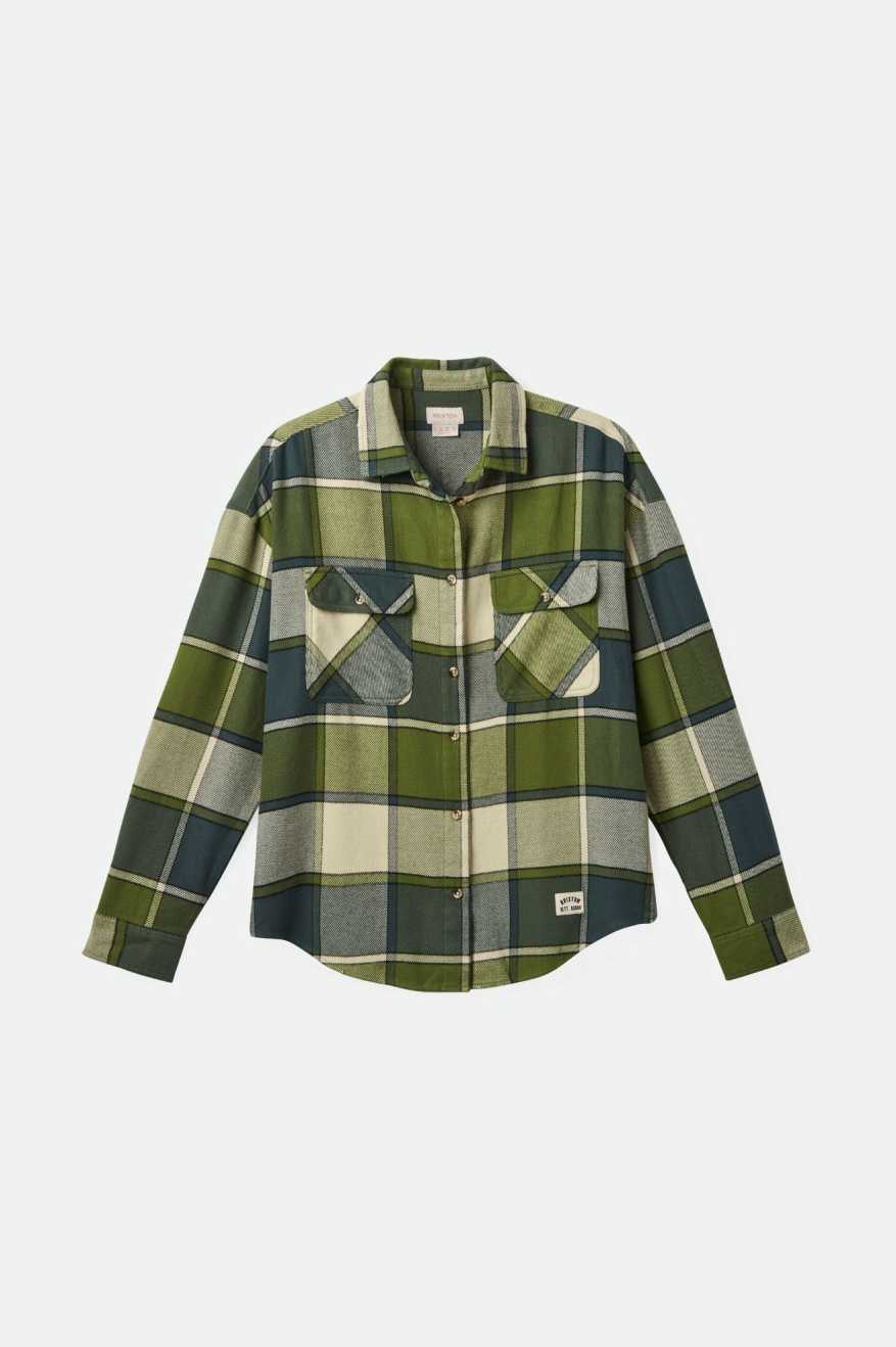 Bowery Women's Classic Long Sleeve Flannel Shirt - Blue Mirage & Dill Plaid | Cozy Casual Wear for Fall & Winter Outfits