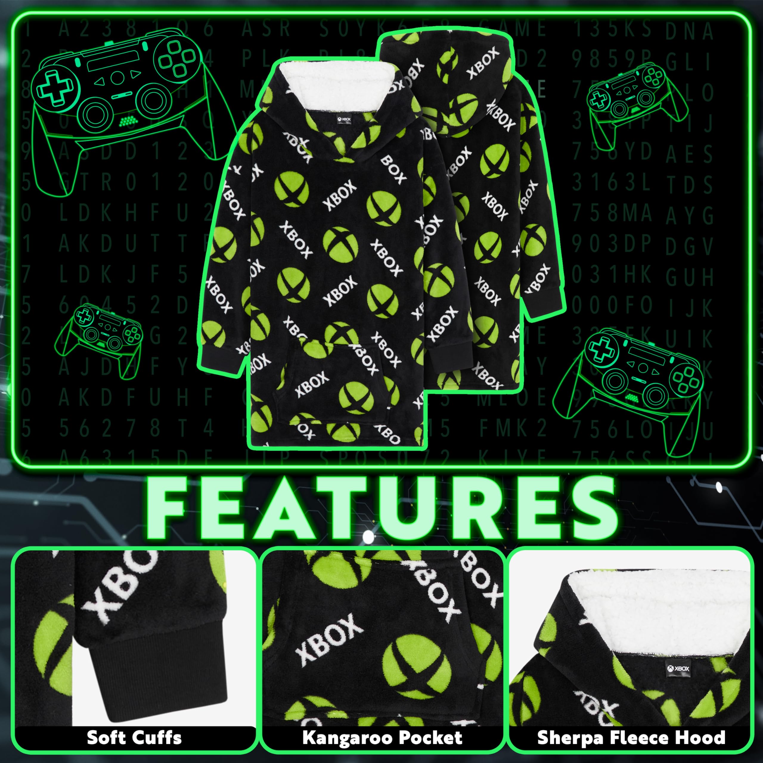 Xbox Fleece Blanket Hoodie for Boys & Teens - Oversized Cozy Hooded Blanket Wearable Throw - Perfect Gaming Gift for Gamers & Kids - Great for Sleepovers, Movie Nights & Gaming Sessions