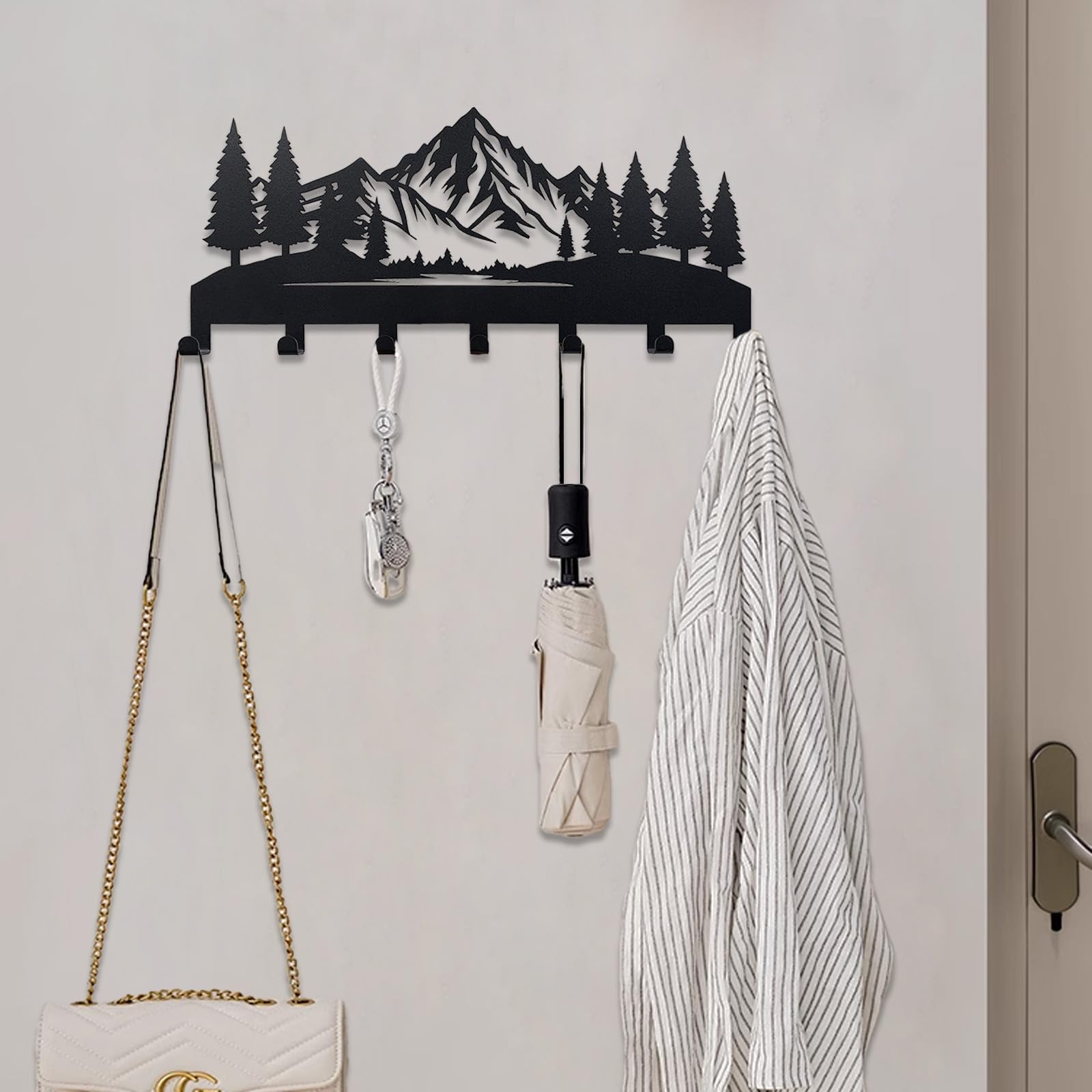 Wall Mounted Key Holder - Sturdy Metal Key Rack with 7 Hooks | Key Organizer for Front Door, Hallway & Office | Rustic Woodland Design for Home & Office Decor | Perfect for Entryway Organization & Small Space Storage