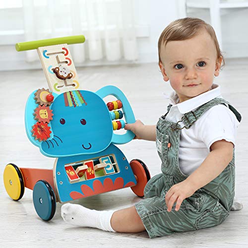 Labebe Baby Push Walker Toy for 1-3 Year Old Toddlers - 4-Wheel Wooden Learning Walker with Activity Wagon - Blue Elephant Design - Perfect for First Steps & Indoor Playtime
