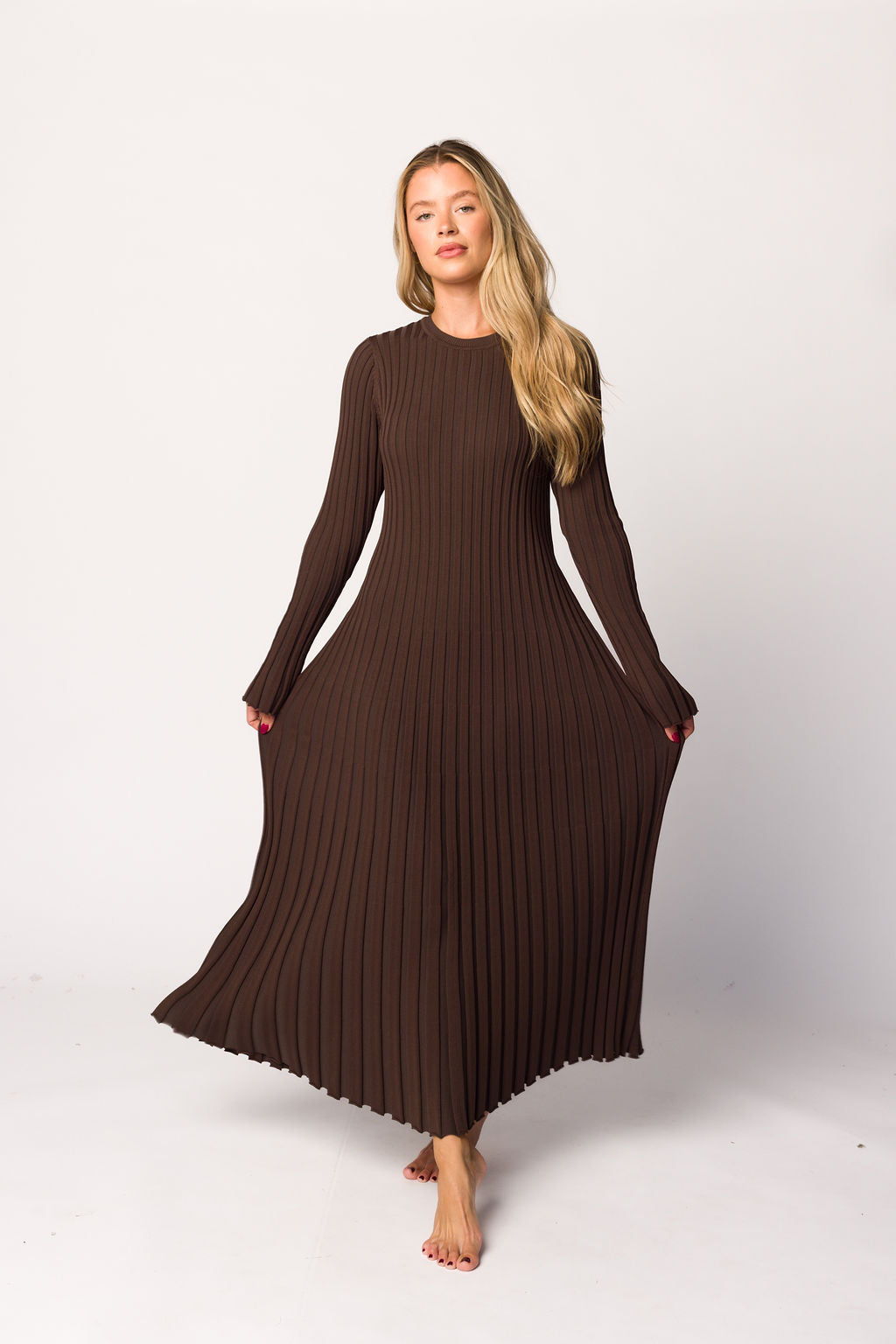 Colette Premium Long Sleeve Ribbed Knit Maxi Dress - Brown Maternity Dress for Pregnancy | Bump Friendly, Comfortable & Stylish for Casual Outings, Date Nights & Special Occasions