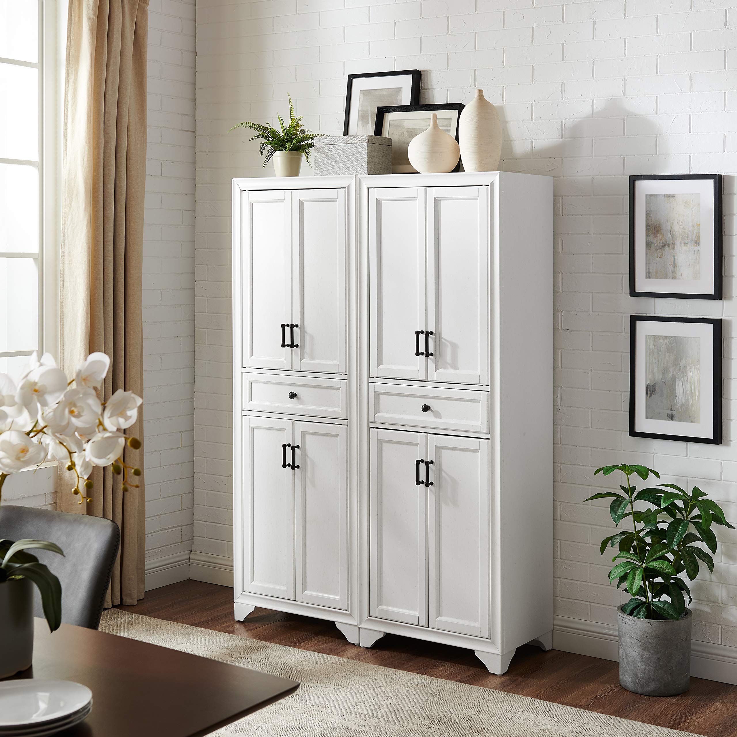 Crosley Furniture Tara 2-Piece Pantry Storage Cabinet Set with Adjustable Shelves - Distressed White Kitchen Organizer for Dining Room & Laundry Room Storage | Perfect for Small Spaces & Home Organization