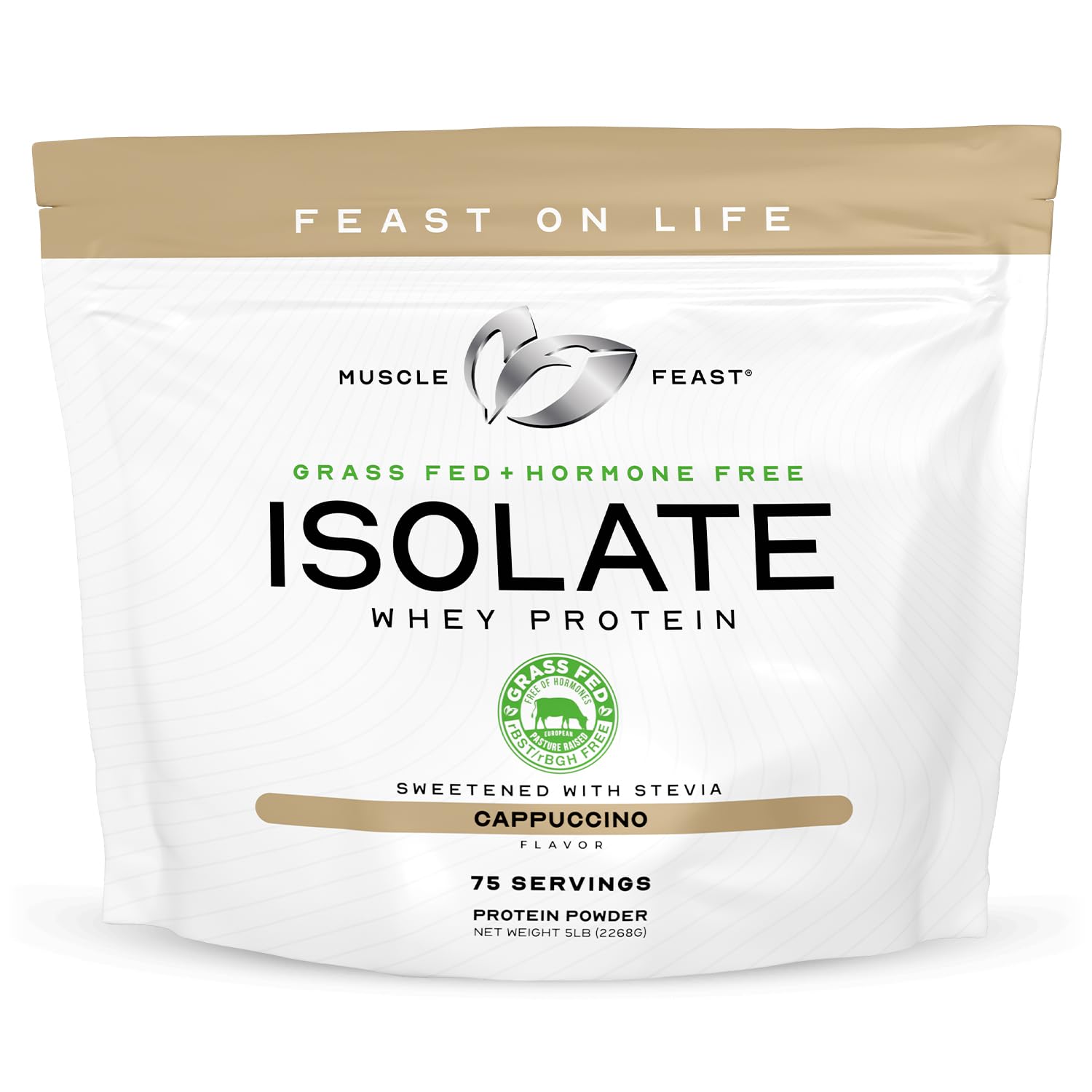 Muscle Feast Grass-Fed Whey Protein Isolate Powder - 100% Natural, Hormone Free, Pasture Raised, Cappuccino Flavor, 5lb for Post Workout Recovery & Muscle Building