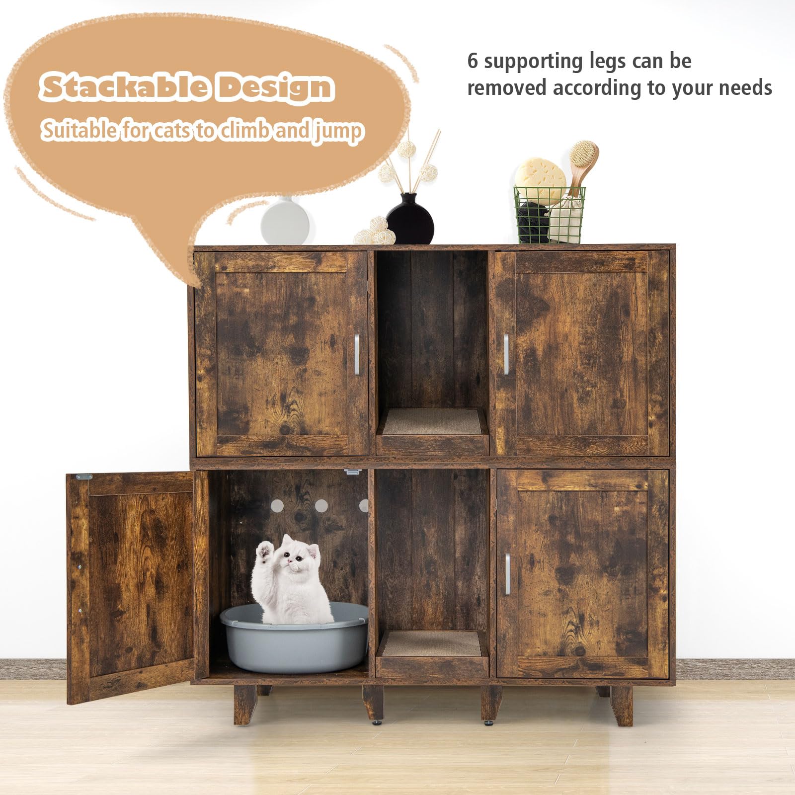 Tangkula Double Cat Litter Box Enclosure for 2 Cats - Large Stackable Hidden Litter Box Cabinet with Scratching Board - Rustic Brown Cat Furniture for Indoor Use | Perfect for Living Room, Bedroom or Home Office Concealment