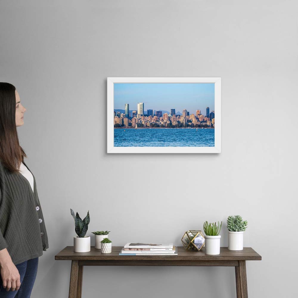 White Framed Art Print - Downtown & English Bay Beach Skyline Wall Decor | Modern Cityscape Artwork for Living Room, Office & Home Decor