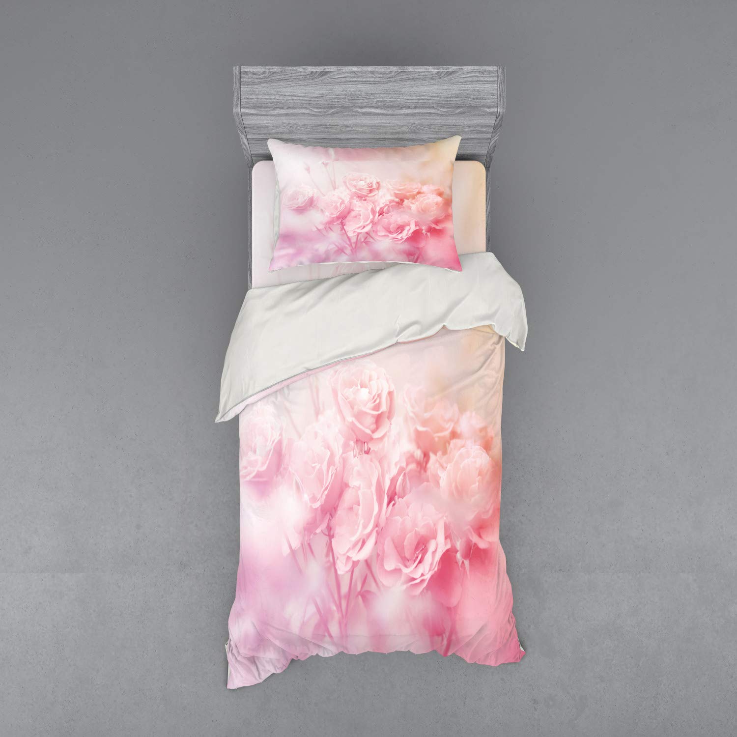 Ambesonne Rose Floral Bedding Set - 3 Piece Duvet Cover with Sham & Fitted Sheet, Twin Size, Pale Pink - Dreamy Spring Garden Theme, Soft Blurred Feminine Bouquet Design - Perfect for Master Bedroom, Guest Room, or Dorm Decor
