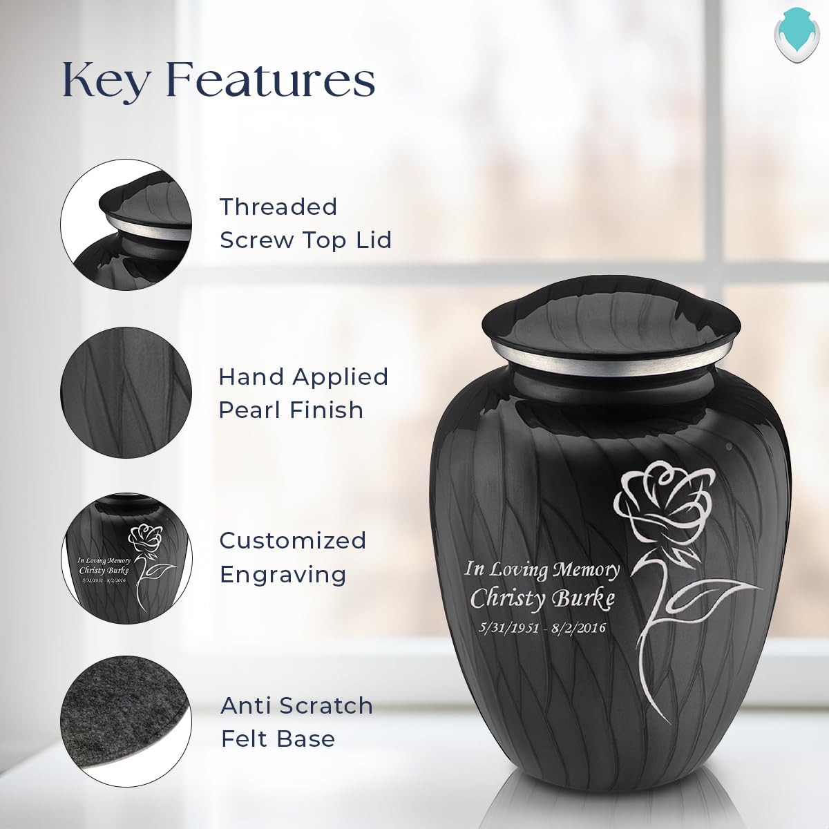 Personalized Rose Cremation Urn for Human Ashes - Large Pearl Black Funeral Urn for Adults with Double-Side Engraving - Holds 200 lbs - Perfect for Memorial Services, Home Display & Honoring Loved Ones