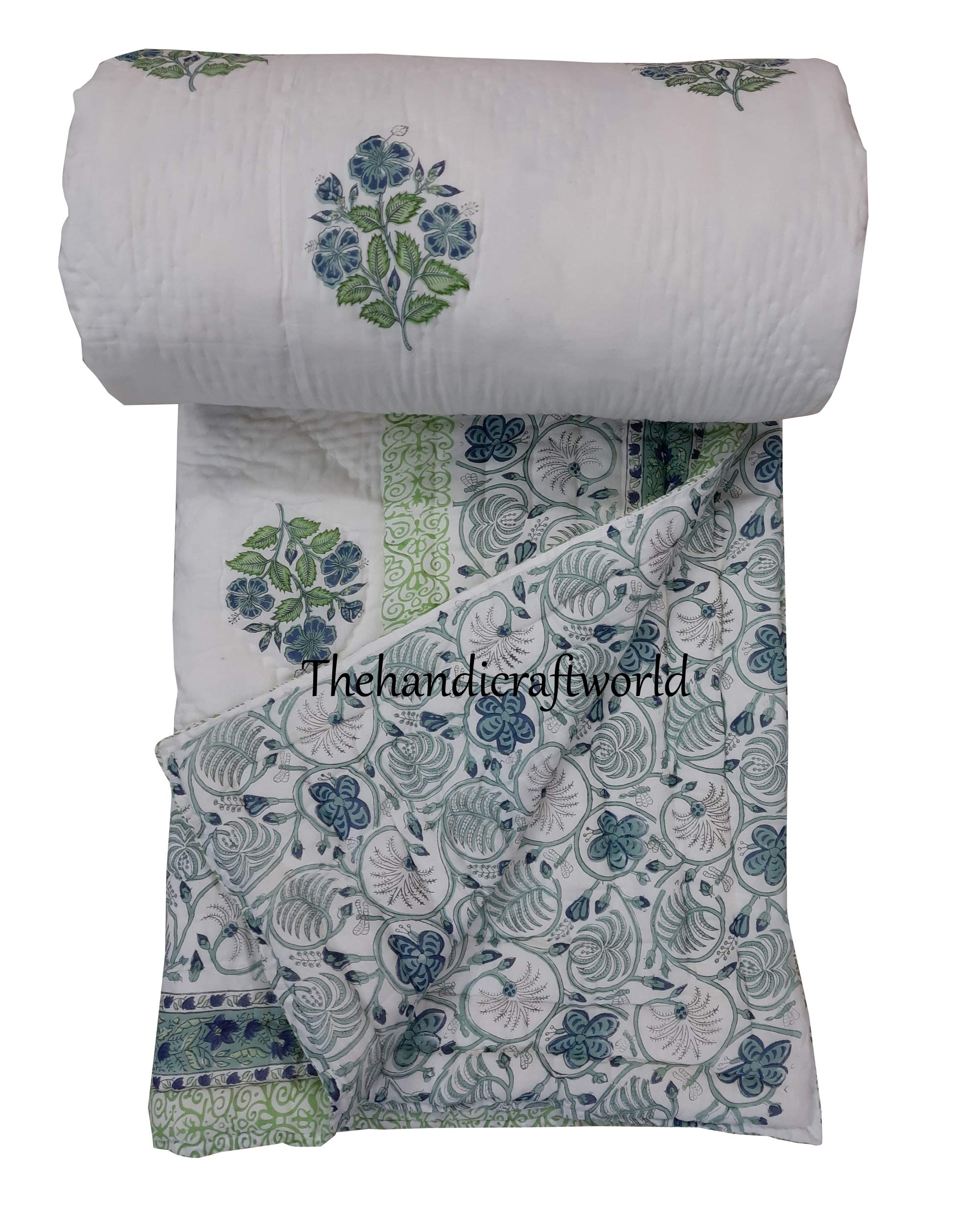 Handmade Indian White Floral Print Kantha Quilt - Twin, King & California King Sizes | 100% Cotton Kantha Throw Blanket & Bedspread | Perfect for Home Decor, Guest Rooms & Cozy Nights (60x90 Inches Twin Size)