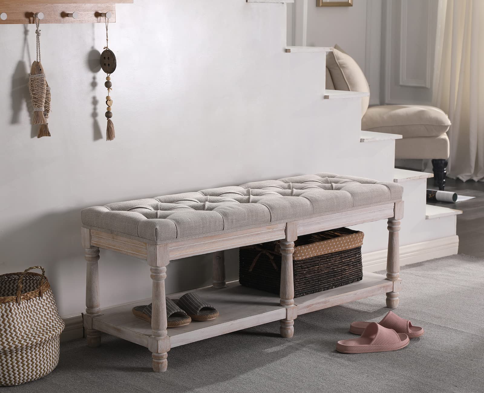 Kmax Storage Entryway Bench - Tufted Shoe Rack with Wooden Seat, Multi-Functional Hallway Bench for Bedroom Corner & Window (Beige) - Perfect for Small Space Organization & Home Decor