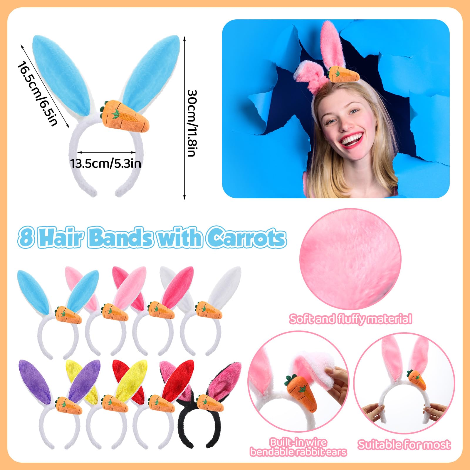 XunYee 8 Pack Easter Bunny Ears Headband - Soft Plush Rabbit Ears Hair Accessories for Women, Men & Pets - Cute Easter Party Decorations & Costume Props for Easter Egg Hunt, Spring Festival & Themed Parties