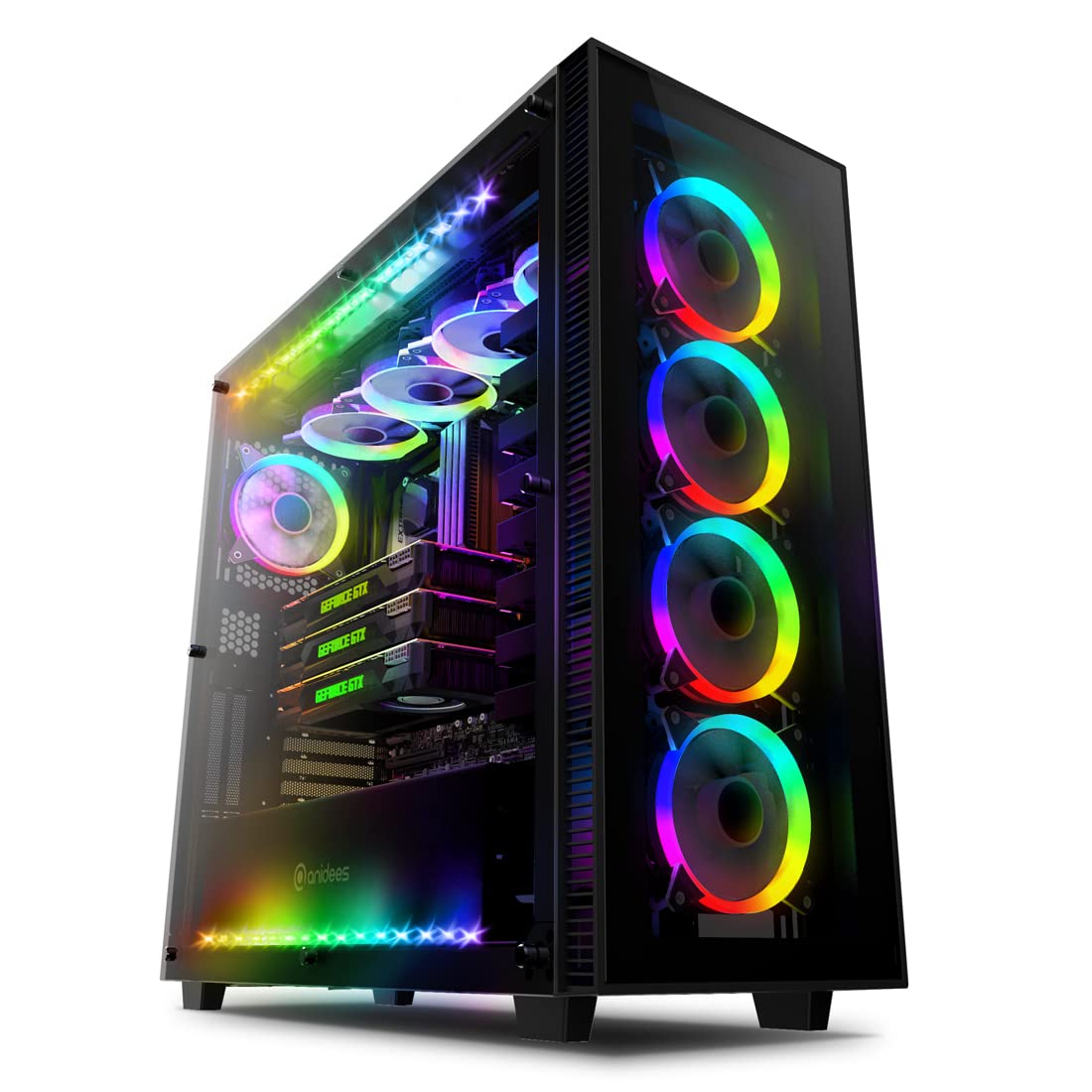 Anidees AI Crystal XL RGB V3 Full Tower Tempered Glass PC Gaming Case - Water-Cooling Ready, Includes 5x120mm RGB Fans & 2xLED Strips (Black, Case Only) - Perfect for High-End Gaming Rigs & Custom Water Cooling Builds