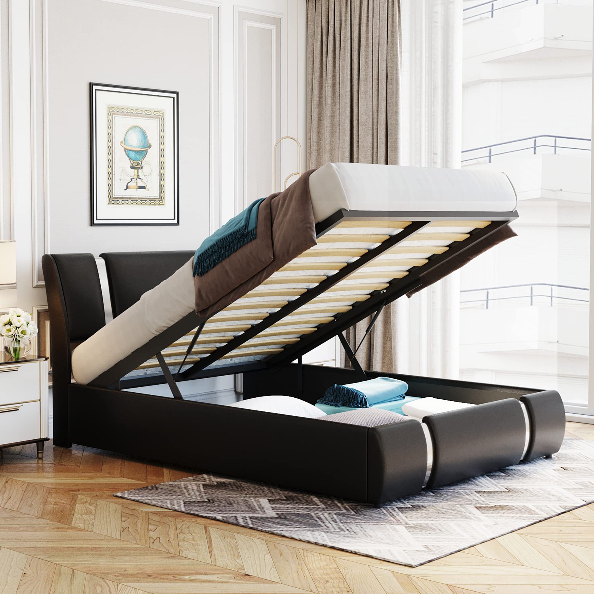 P PURLOVE Full Upholstered Faux Leather Platform Bed with Hydraulic Storage - Queen Size Bed Frame with Headboard & Wooden Slats, No Box Spring Needed (Black) - Perfect for Modern Bedrooms & Small Space Storage Solutions