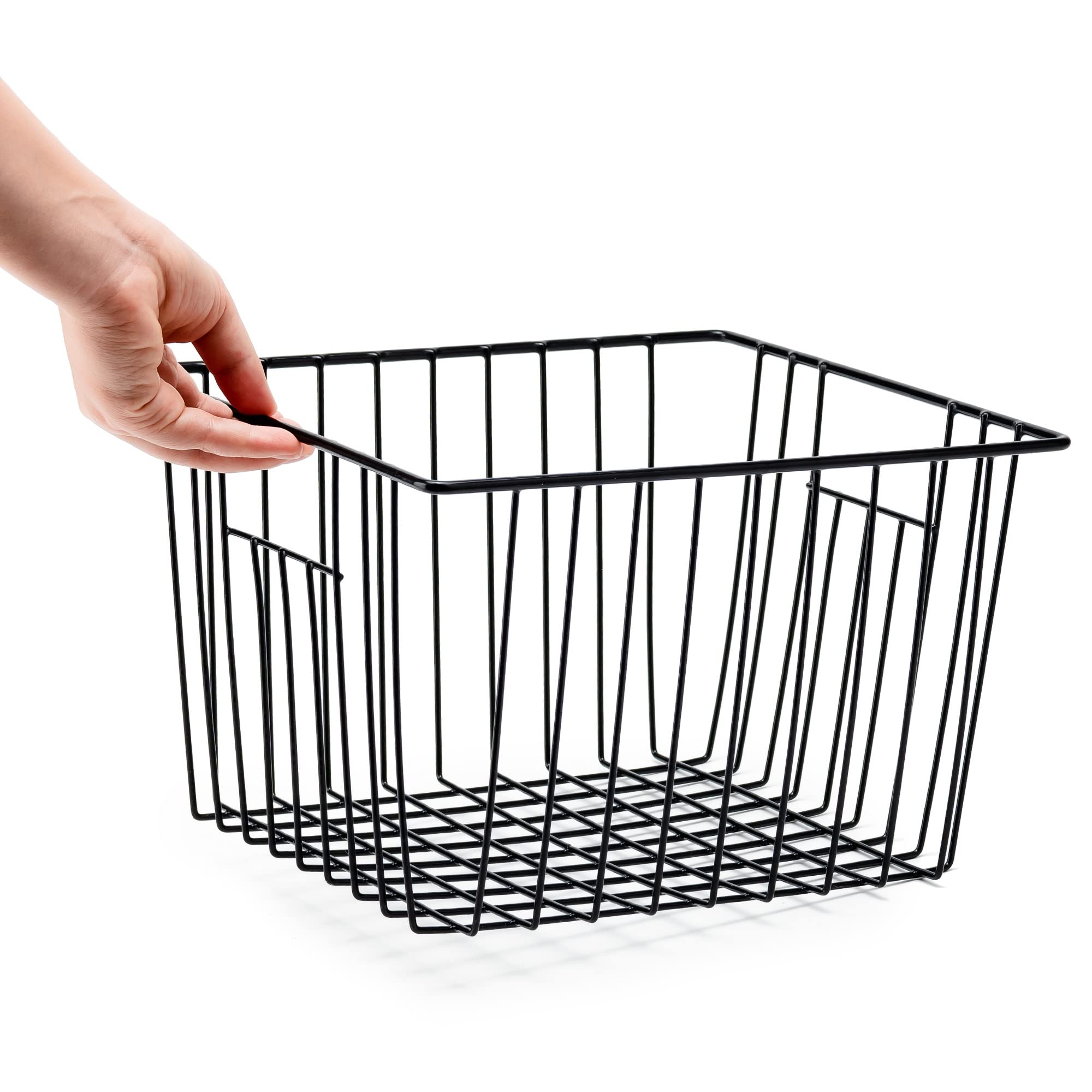 SANNO Freezer Storage Baskets - Set of 4 Black Wire Organizer Bins with Built-in Handles (11