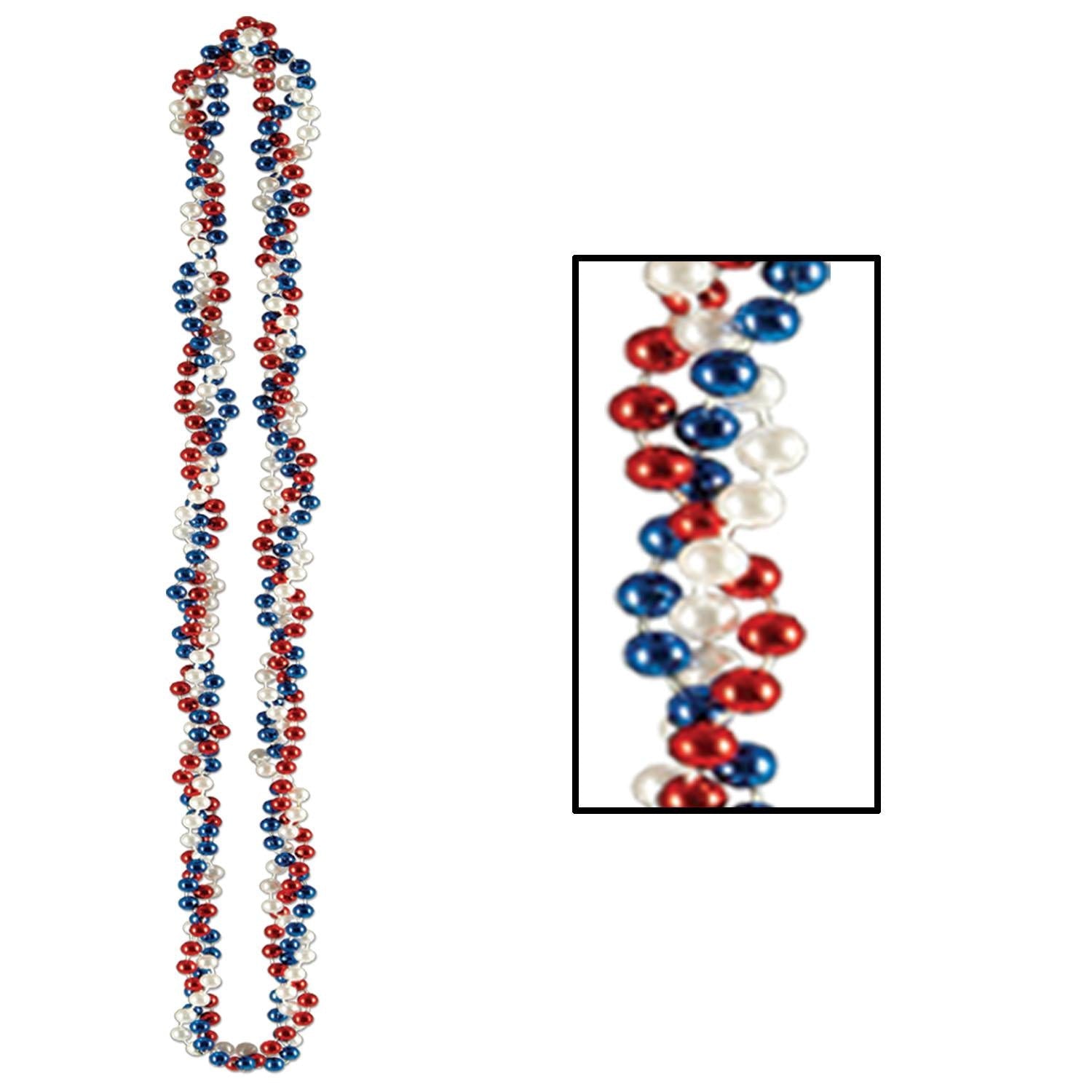 12 Pack Beistle Braided Party Bead Necklaces - Patriotic Red White & Blue Mardi Gras Beads for Festivals, Parades, and Costume Parties