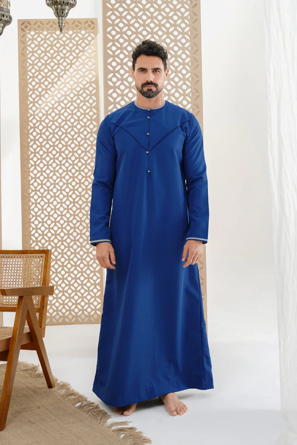 Premium Emirati Faris Thobe Jubba for Men - Ocean Blue Traditional Arabic Robe - Perfect for Eid, Weddings & Special Occasions