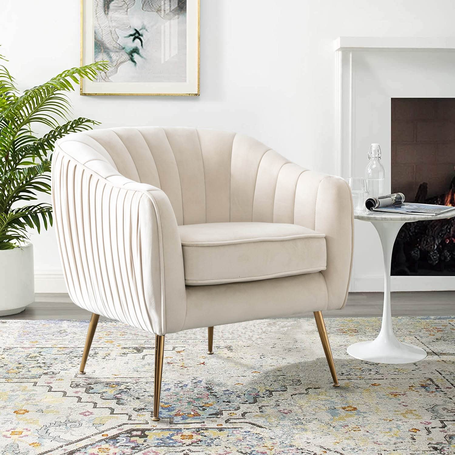 Altrobene Velvet Accent Chair - Modern Barrel Armchair with Golden Finish in Beige | Luxurious Living Room & Bedroom Seating for Home Decor