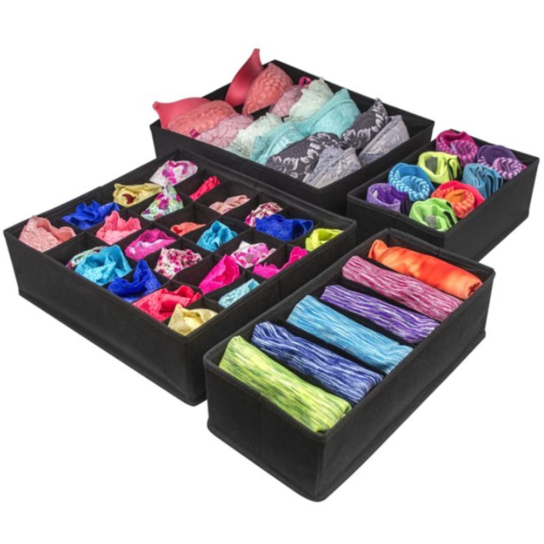 RUIBOLU 4-Pack Fabric Underwear Organizer Drawer Dividers - Foldable Bra & Sock Storage Boxes for Closet, Panties, Ties & Underpants (Black) | Perfect for Bedroom, Dresser & Cabinet Organization