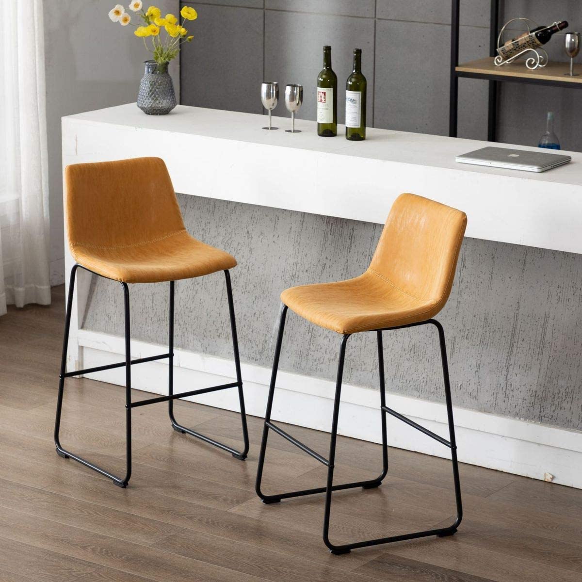 Vanity Art Set of 2 Synthetic Leather Upholstered Bar Stools - Armless Dining Chairs with Sturdy Metal Legs in Yellow Tan - Perfect for Kitchen Islands, Breakfast Bars & Home Decor