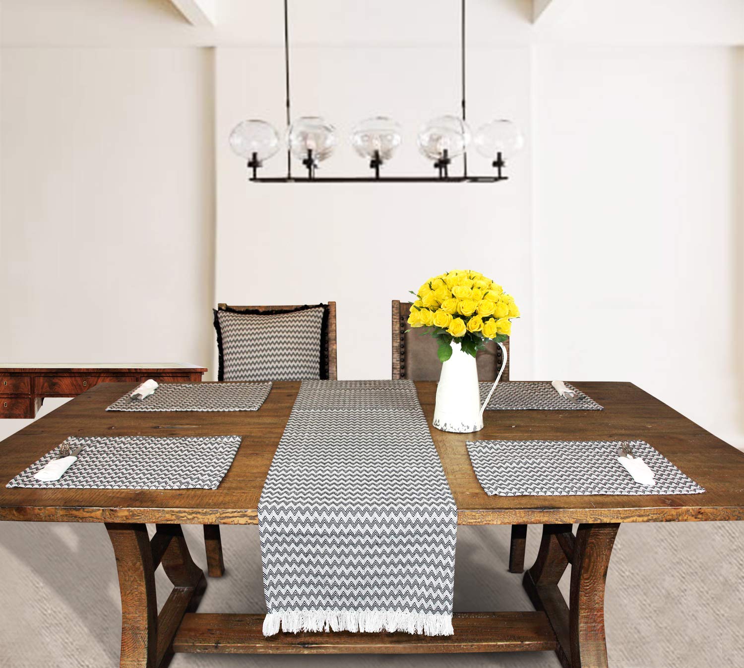 Chevron Placemats Set of 4 - 13 x 19 Inch Cotton Yarn Table Mats for Farmhouse Dining, Coffee Table & Entryway - Washable Black Cloth Placemats for Everyday Use & Dinner Parties