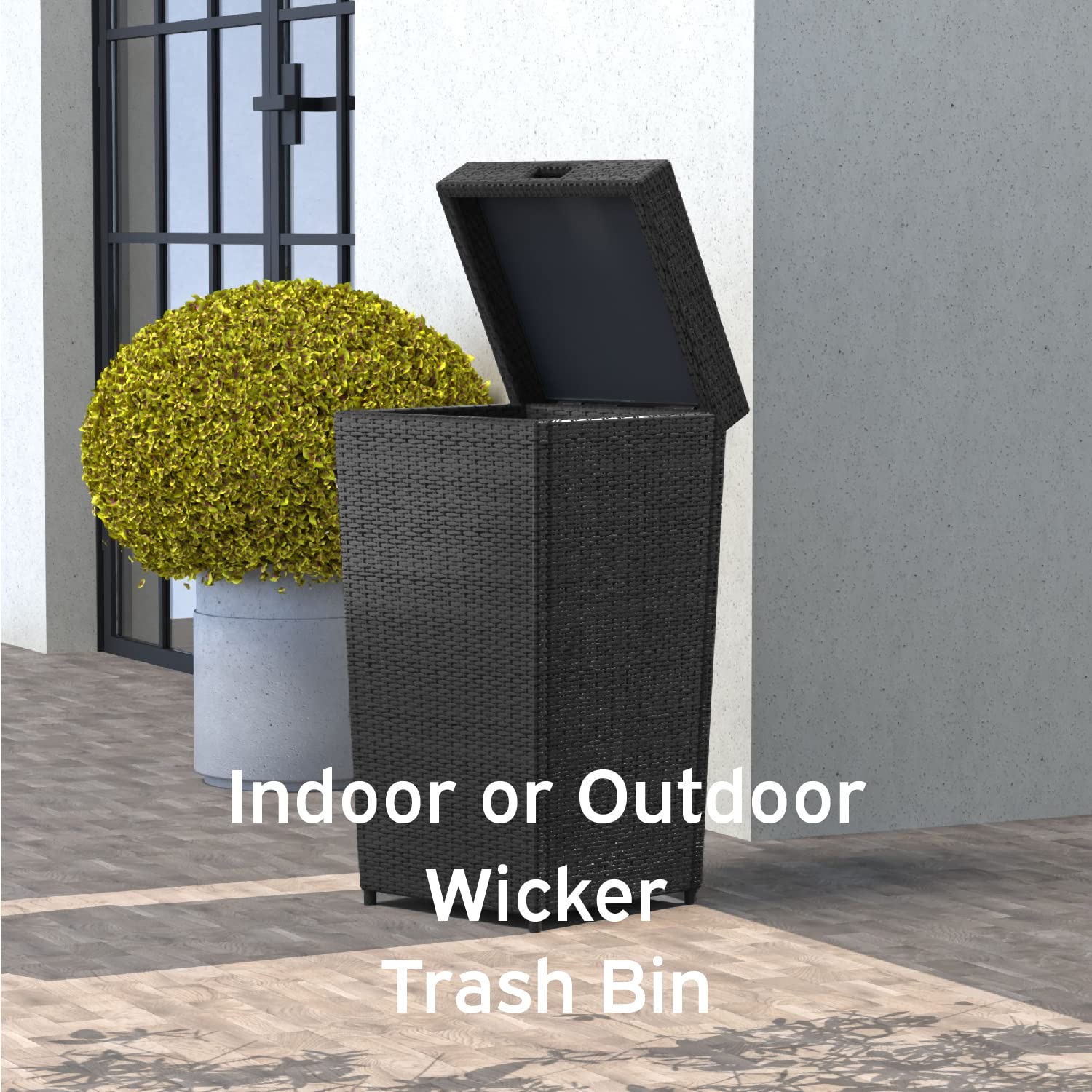30 Gallon Outdoor Trash Can with Lid - Durable Wicker Garbage Bin for Patio, Yard & Garden - Black Weatherproof Waste Container for Home & Commercial Use