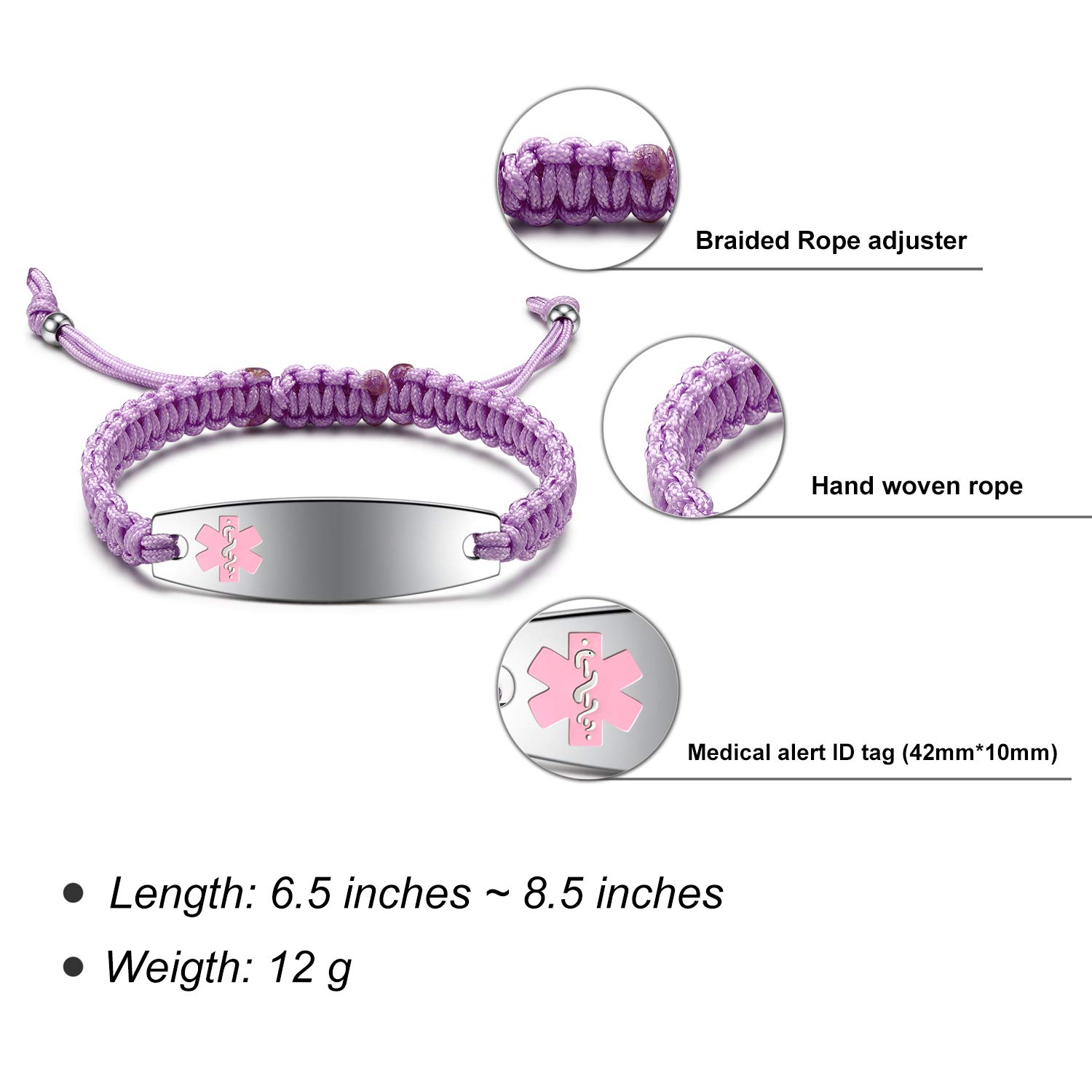 Custom Medical Alert Bracelets for Women - Free Engraving, Adjustable 6.5-8.5 Inches, Nylon Handmade Braided Rope ID Bracelet | Perfect for Allergies, Diabetes & Emergency Medical Identification