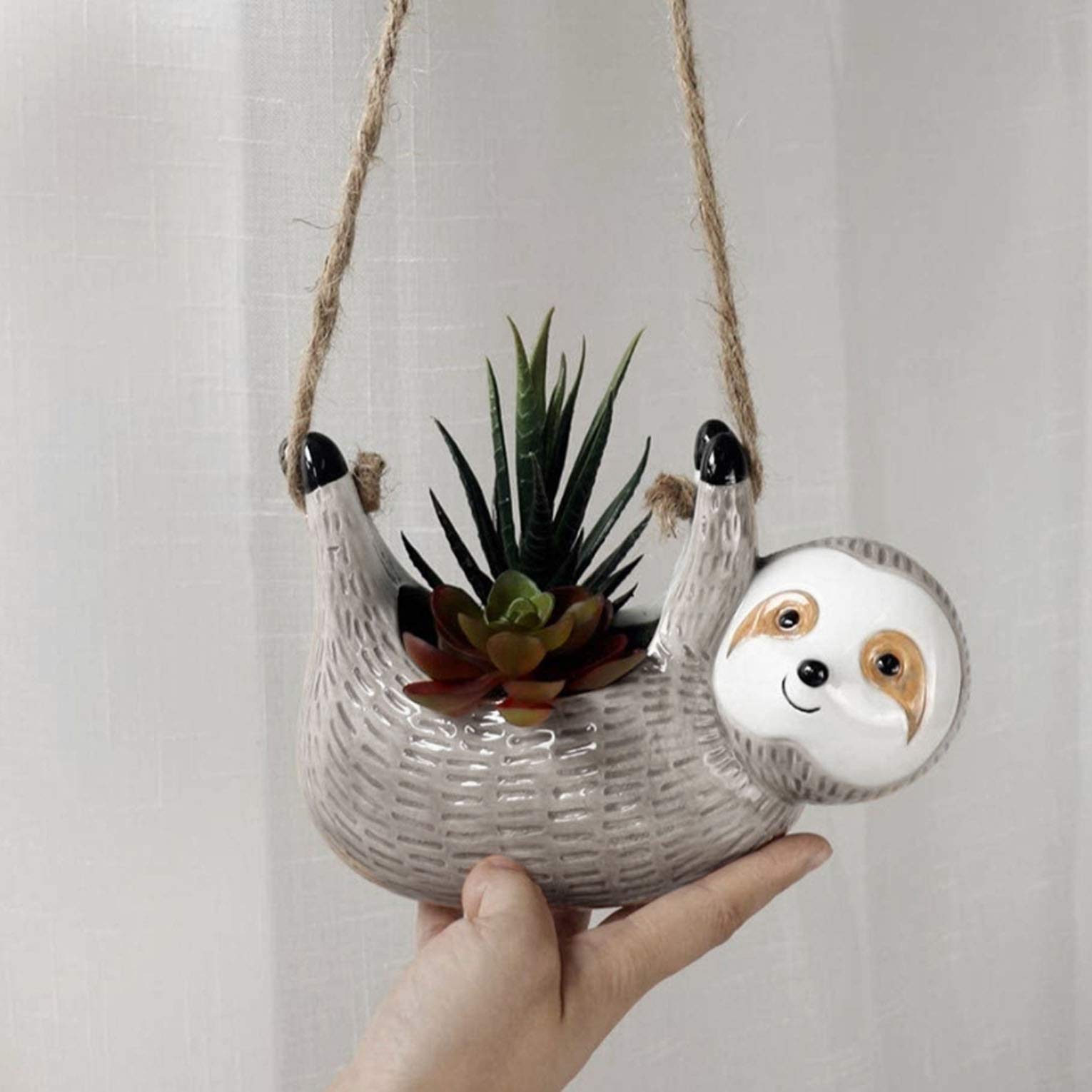 SilverFever Sloth Hanging Planter - Ceramic Succulent & Flower Pot for Indoor/Outdoor Plants - Grey Large Animal Planter for Home Decor, Garden & Patio