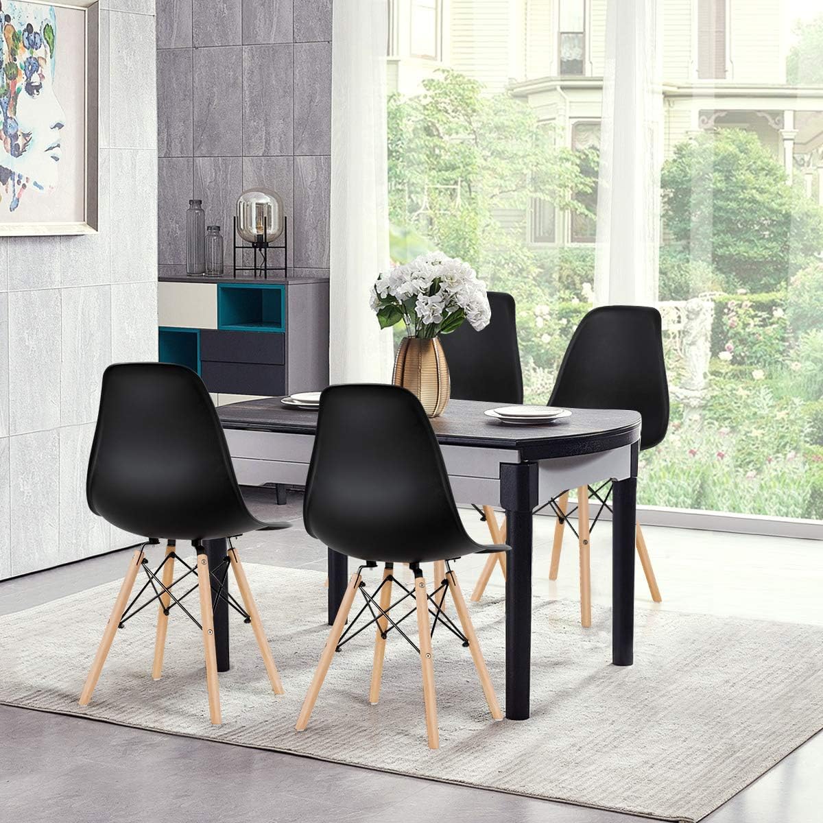 GOFLAME DSW Modern Dining Chairs Set of 4 - Shell Plastic Seat with Sturdy Wooden Legs, Armless Kitchen Side Chairs for Dining Room, Living Room, Bedroom - Black | Perfect for Small Spaces, Breakfast Nook & Apartment Dining