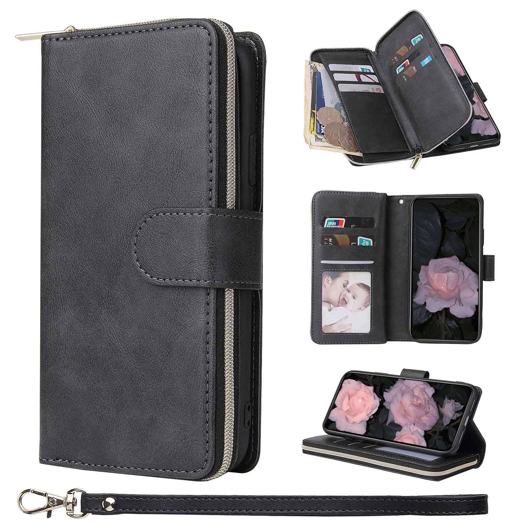 ZCDAYE iPhone 15 Plus Wallet Case with Card Holder & Zipper Pocket - 6.7 Inch Shockproof Folio Cover with Wrist Strap & Kickstand (Black) - Perfect for Travel, Shopping & Everyday Use