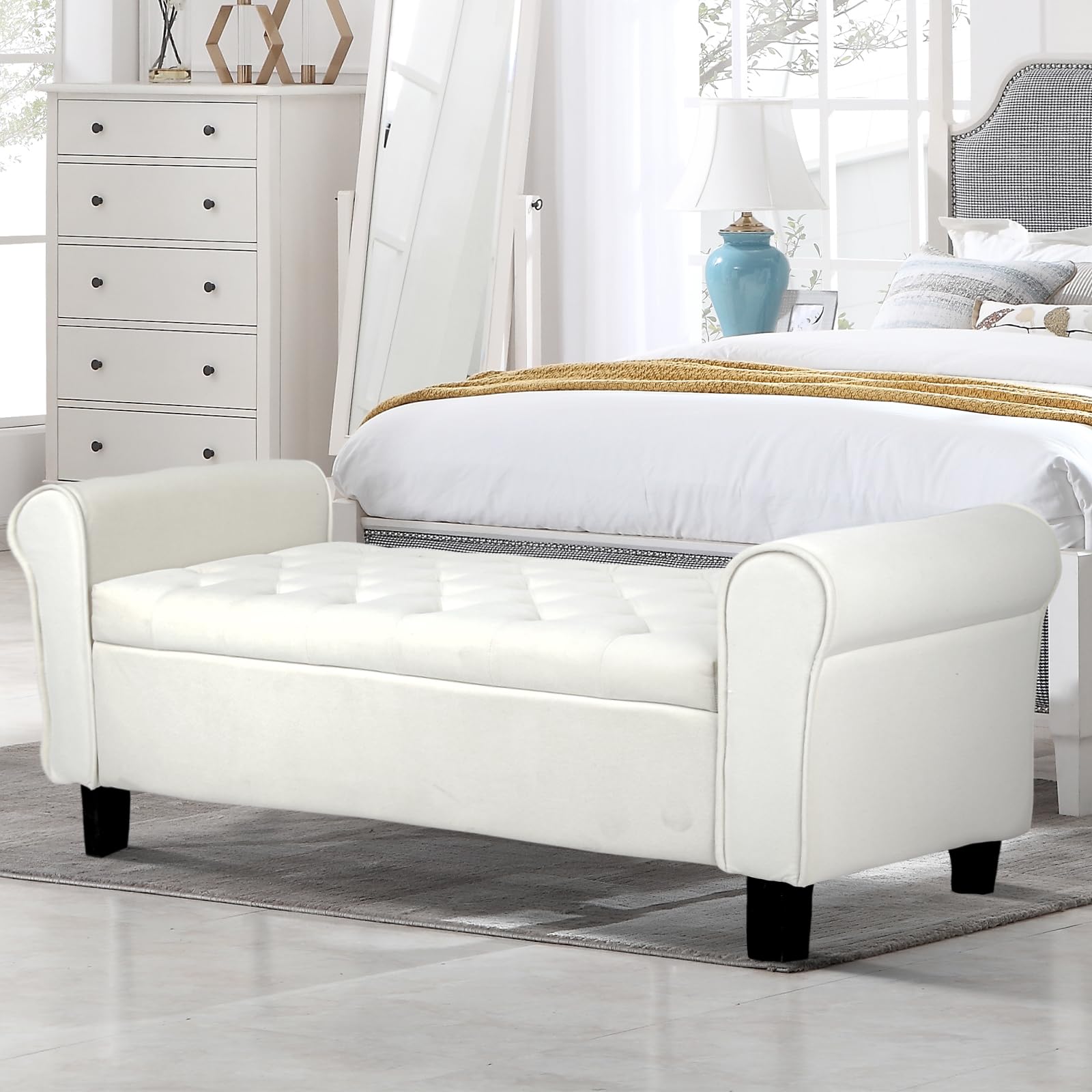Upholstered Storage Ottoman Bench with Rolled Arms - Bedroom, Living Room & Entryway Furniture - Perfect for Bed End, Hallway Seating & Home Organization