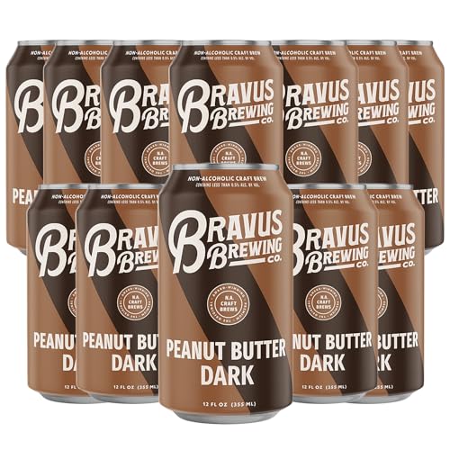 Bravus Non-Alcoholic Peanut Butter Dark Beer 12 Pack | Stout-Style Craft Brew with Roasted Peanuts, Hazelnuts & Chocolate | Vegan, Low-Calorie (110 cal) | Perfect for Parties, BBQs & Healthy Lifestyle