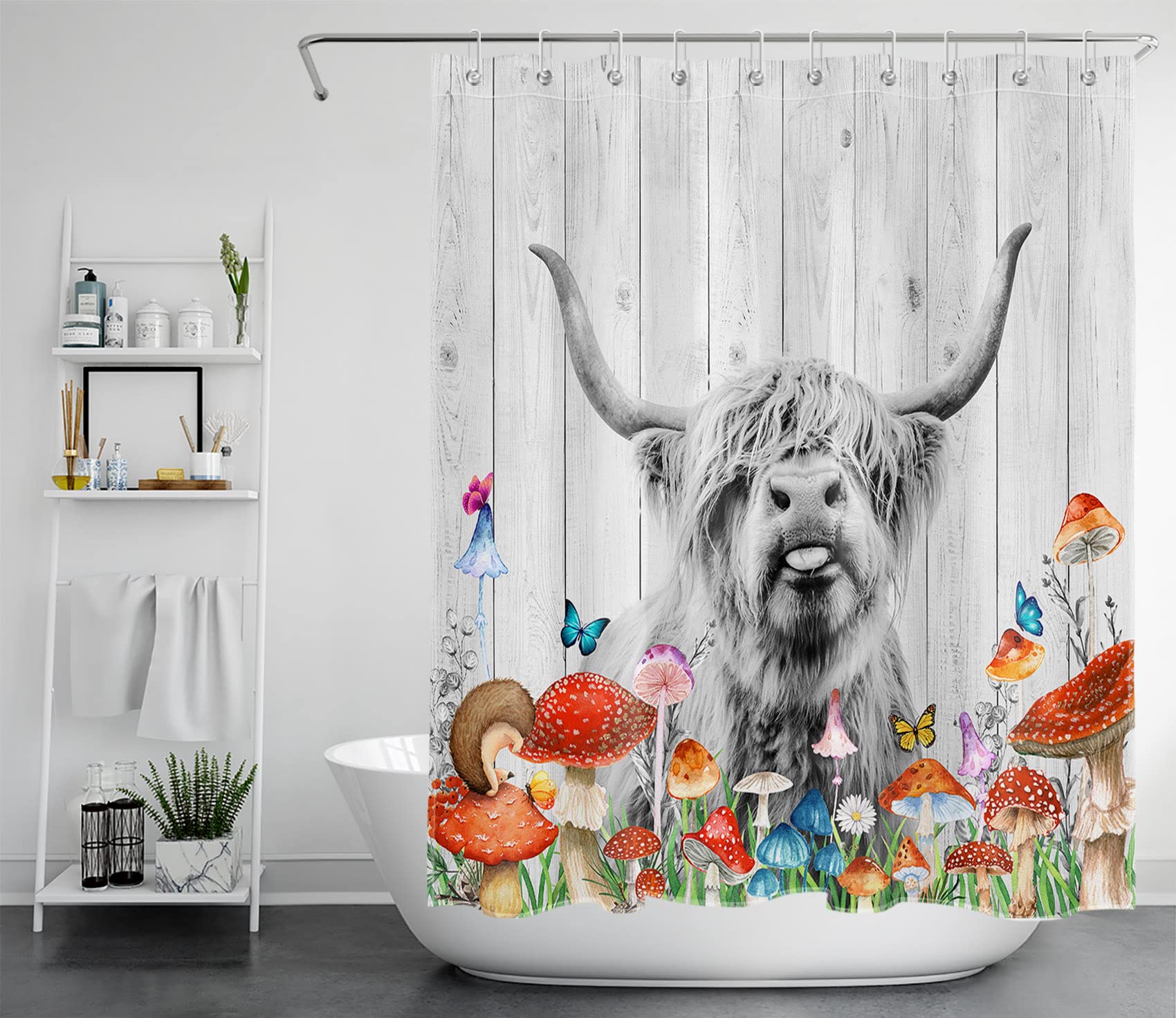LB Retro Mushroom Highland Cow Shower Curtain - Funny Western Wildlife Bull Cattle Farmhouse Bathroom Decor, 48x72 Inch Rustic Wood Board Fabric Shower Curtain with Hooks - Perfect for Farmhouse, Cottage, or Vintage Style Bathroom Decor