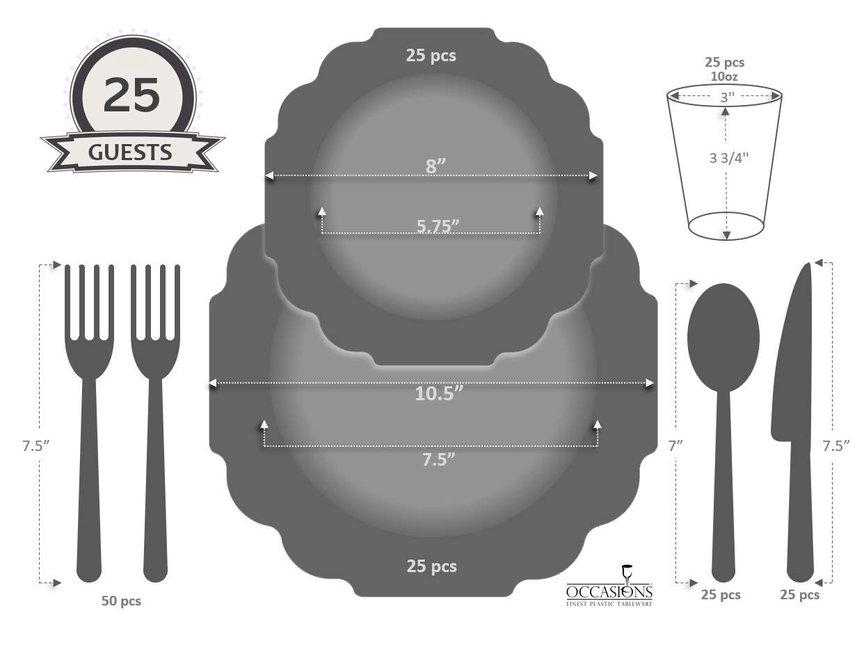 200-Piece Heavyweight Disposable Plastic Dinnerware Set for 25 Guests - 10.5'' & 8'' Plates, Silverware, Cups & Napkins in Imperial White & Gold - Perfect for Weddings, Parties & Special Occasions